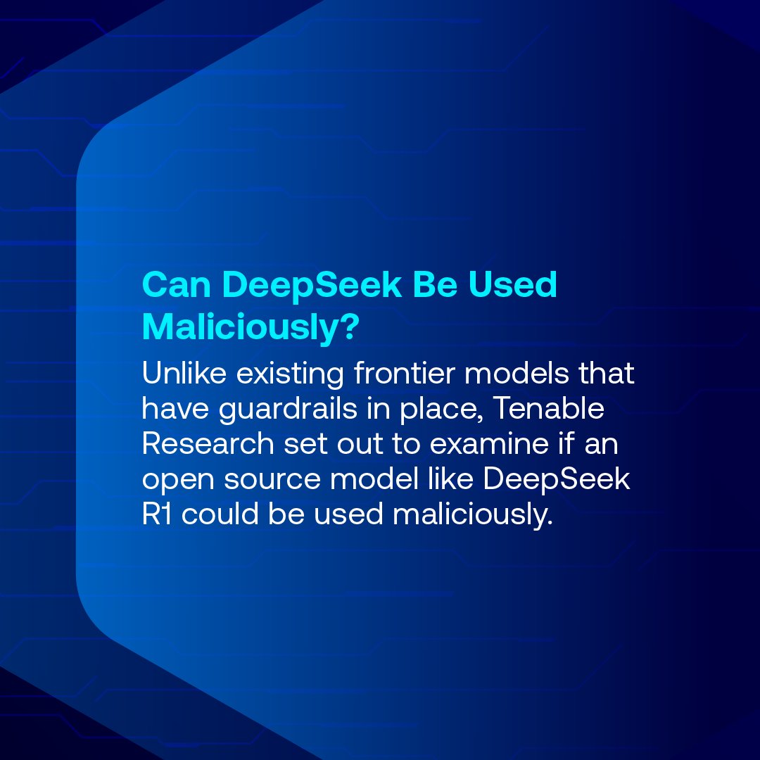 TenableSecurity's tweet image. #TenableResearch is conducting ongoing analysis of #GenAI as we seek to better understand various LLMs, including #DeepSeek. 

🔗 Explore how DeepSeek responds to requests to generate malware: spr.ly/60170rogf

🔎: Staff Research Engineer Nicholas Miles