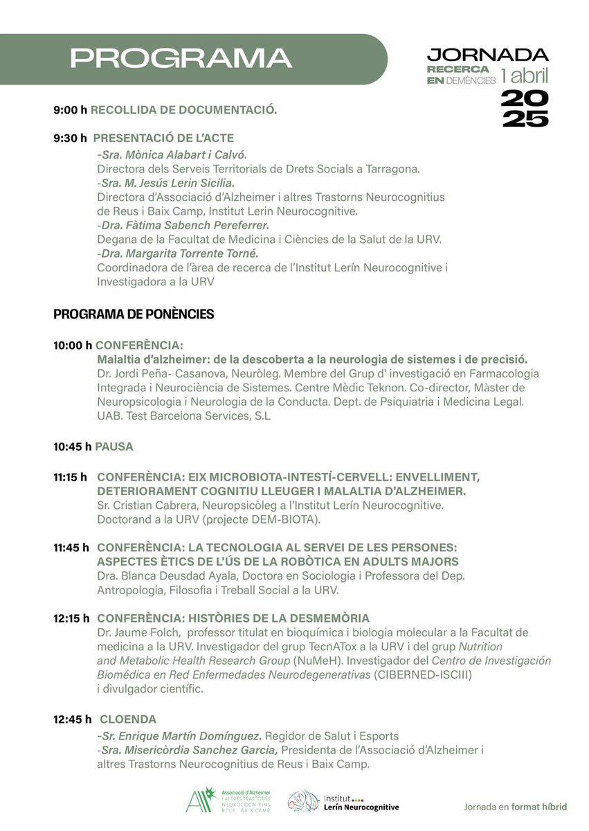 NuMeH_Group's tweet image. 👋🏻👋🏻👋🏻 Us presentem la “Jornada de Recerca en Demències” que es durà a terme el dia 1 d’abril de 2025 a partir de les 9h a l’Aula Magna de la Facultat de Medicina de Reus. Consulteu el programa adjunt per a més informació!
@bioquimicaURV @URVmedicina @cienciaURV
👇🏻👇🏻👇🏻