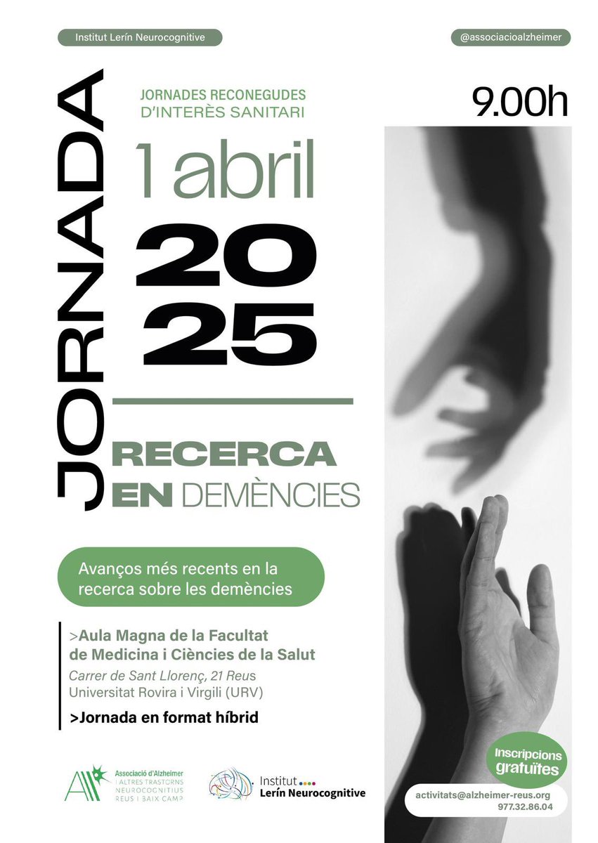 NuMeH_Group's tweet image. 👋🏻👋🏻👋🏻 Us presentem la “Jornada de Recerca en Demències” que es durà a terme el dia 1 d’abril de 2025 a partir de les 9h a l’Aula Magna de la Facultat de Medicina de Reus. Consulteu el programa adjunt per a més informació!
@bioquimicaURV @URVmedicina @cienciaURV
👇🏻👇🏻👇🏻