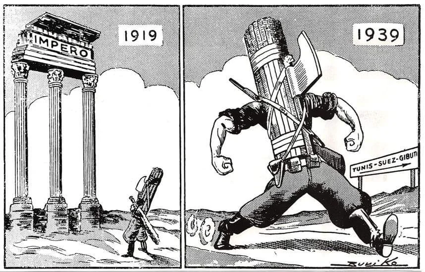 Fascist Italian cartoon (1939) showing a small fasces in 1919 dreaming of empire, while a larger fasces in 1939 marches onwards to empire.