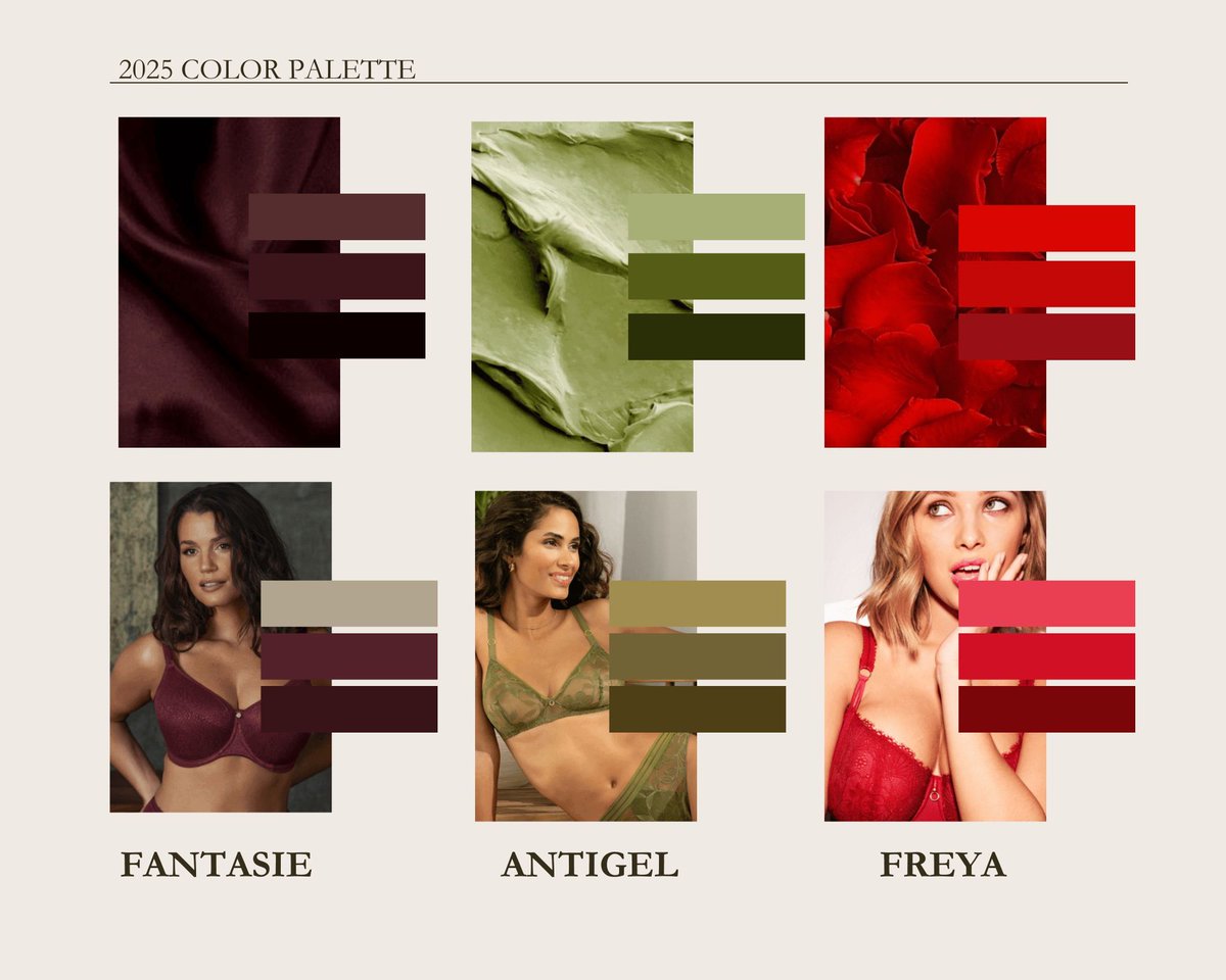 mmlingerie's tweet image. 2025 Color Palette Highlights:

Fantasie &amp;amp; Corin: Plum - deep, rich, and sophisticated.

AntiGel: Muted Matcha greens - modern neutral twist.

Freya: Bright reds - bold power move for intimates.

Should we bring in these colors ??

#FashionTrends #ColorPalette2025 #StyleUpdate