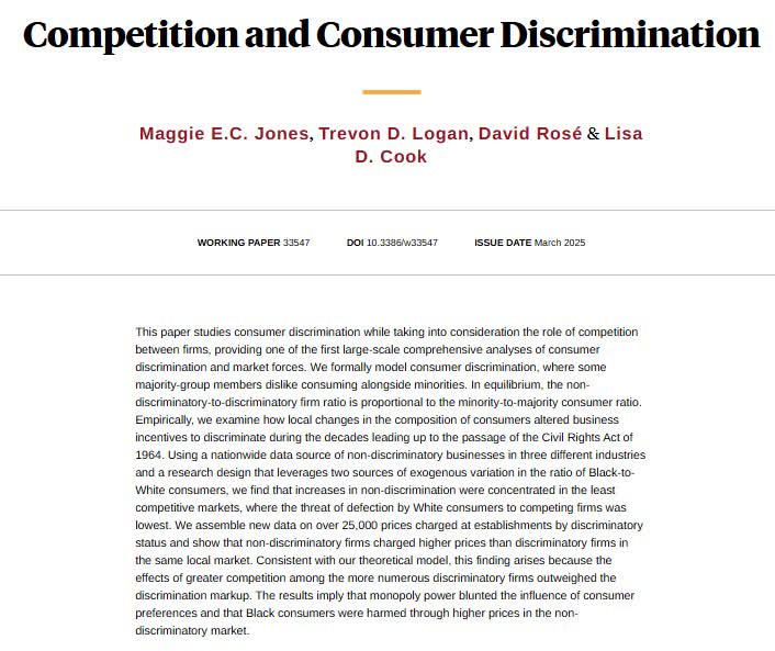 NBER (@nberpubs) on Twitter photo Evidence from over 25,000 prices shows that monopoly power blunted consumer preferences for discrimination, and Black consumers paid higher prices in the non-discriminatory market, from <a href="/MaggieECJones/">Maggie Jones</a>, <a href="/TrevonDLogan/">Dr. Trevon D Logan</a>, David RosƩ, and <a href="/drlisadcook/">Dr. Lisa D. Cook</a> nber.org/papers/w33547 Evidence from over 25,000 prices shows that monopoly power blunted consumer preferences for discrimination, and Black consumers paid higher prices in the non-discriminatory market, from <a href="/MaggieECJones/">Maggie Jones</a>, <a href="/TrevonDLogan/">Dr. Trevon D Logan</a>, David RosƩ, and <a href="/drlisadcook/">Dr. Lisa D. Cook</a> nber.org/papers/w33547