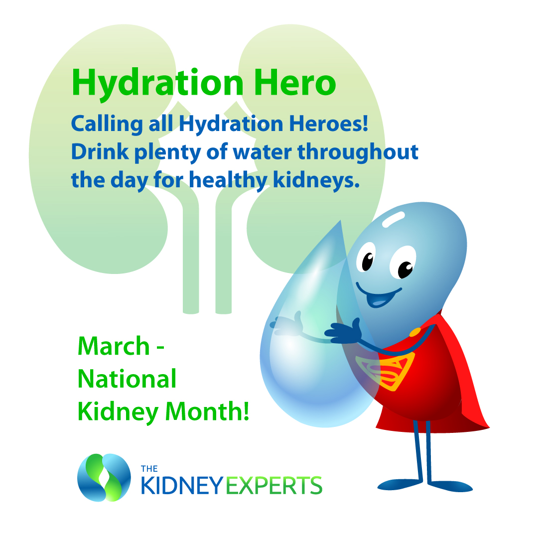 Become a Hydration Hero! 💧 Drinking plenty of water helps your kidneys filter waste effectively. Keep a water bottle handy - your kidneys will thank you! #KidneyMonth #HydrationHero #TKE #MarchIsKidneyMonth