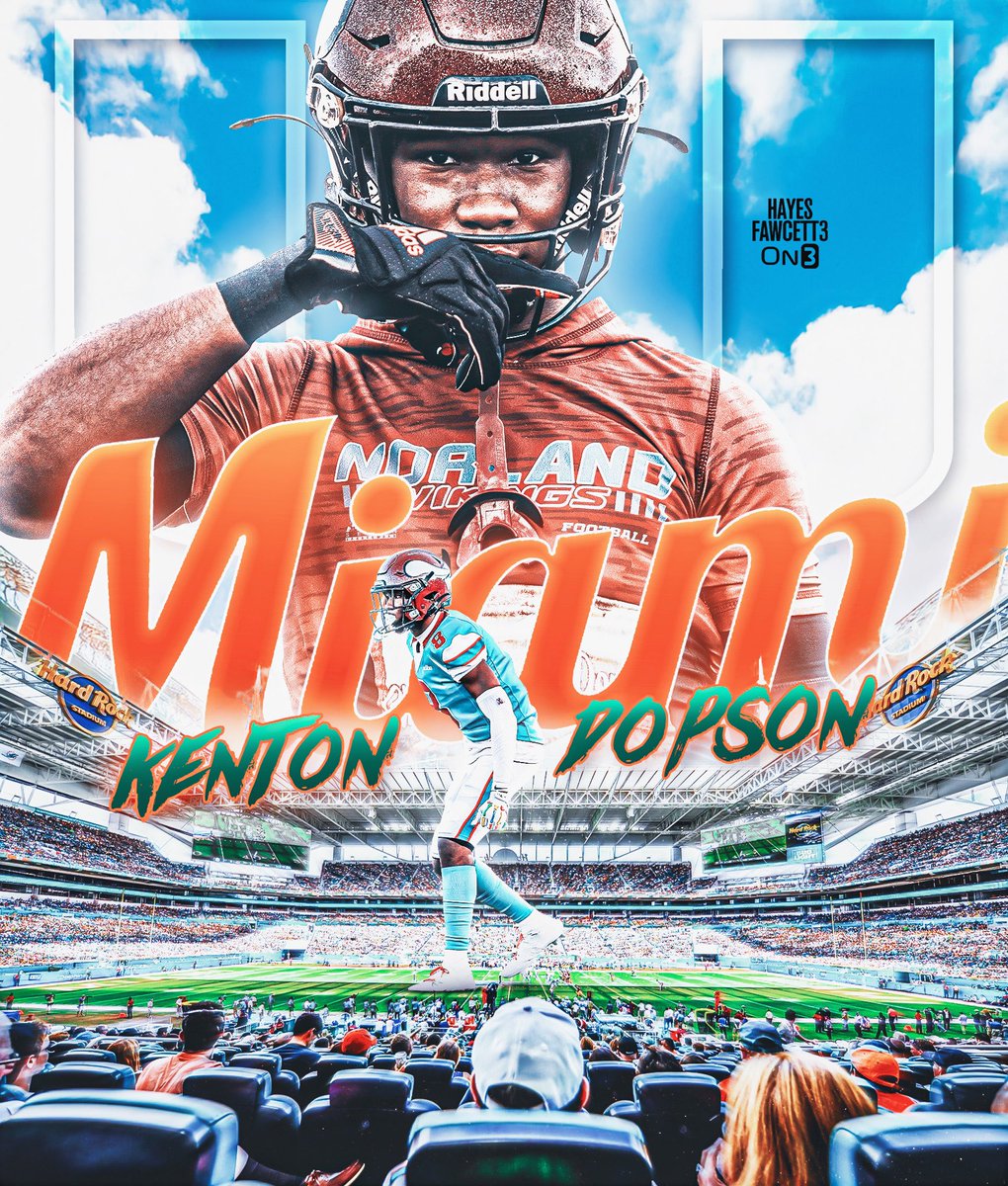 Hayesfawcett3's tweet photo. BREAKING: Class of 2027 CB Kenton Dopson has Committed to Miami, he tells me for @on3recruits

The 6’1 185 CB from Miami, FL chose the Hurricanes over Florida State, Syracuse, &amp; Georgia

“This Is A Dream Come True, I’m Home. Go Canes🙌🏾”

https://t.co/GsNISigwft https://t.co/dXdlEGH1UF