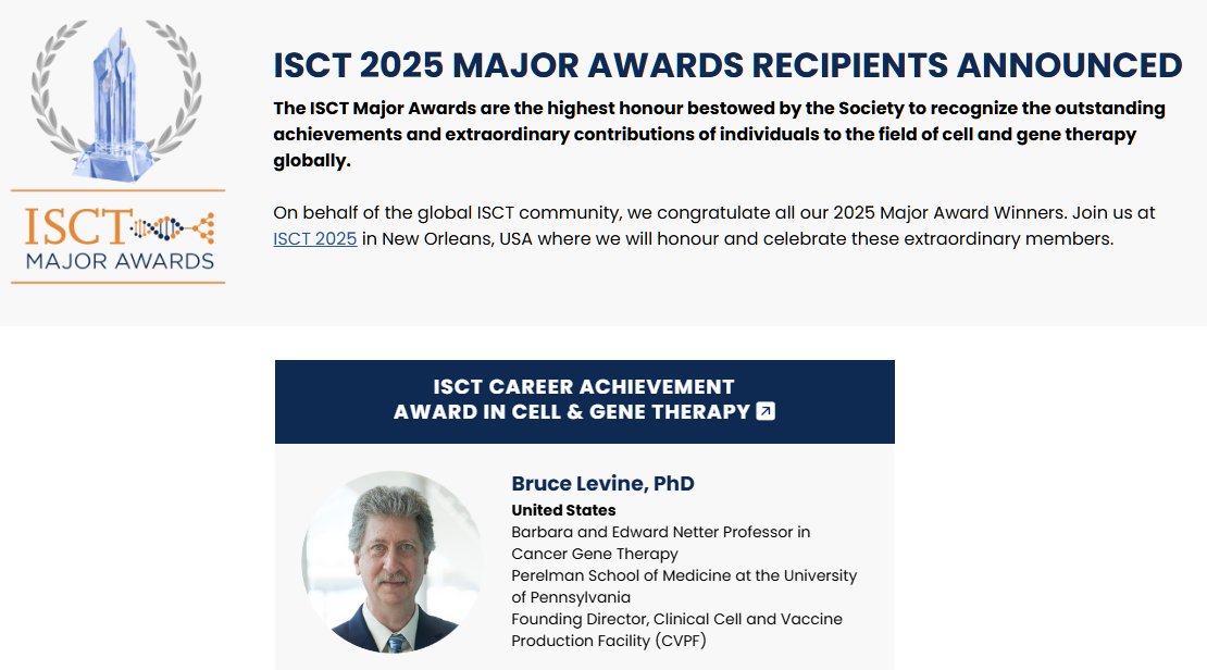 Bruce Levine, Ph.D. 🇺🇦🥼🔬🧬🧪💉 (@bllphd) on Twitter photo I'm deeply honored to receive the <a href="/ISCTglobal/">ISCT</a> Career Achievement Award. This recognition reflects the efforts of many in the Center for Cellular Immunotherapies directed by <a href="/carlhjune/">Carl June</a>, and collaborators <a href="/PennMedicine/">Penn Medicine</a> & <a href="/ChildrensPhila/">Children's Hospital</a>. I'm grateful to ISCT for decades of support, I'm deeply honored to receive the <a href="/ISCTglobal/">ISCT</a> Career Achievement Award. This recognition reflects the efforts of many in the Center for Cellular Immunotherapies directed by <a href="/carlhjune/">Carl June</a>, and collaborators <a href="/PennMedicine/">Penn Medicine</a> & <a href="/ChildrensPhila/">Children's Hospital</a>. I'm grateful to ISCT for decades of support,
