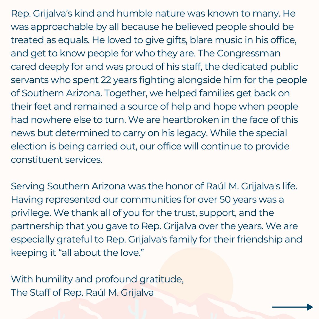 RepRaulGrijalva's tweet image. A statement from the Office of Raúl M. Grijalva.