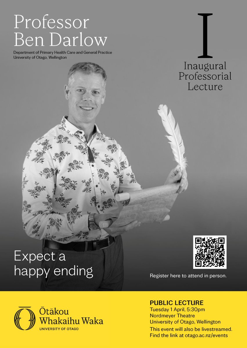 Really looking forward to delivering my Inaugural Professorial Lecture on 1 April. 

If you live in Wellington, why not come along? (please register events.otago.ac.nz/2025-ipl-ben-d…). 

For everyone else, it will be livestreamed: otago.ac.nz/wellington/eve…