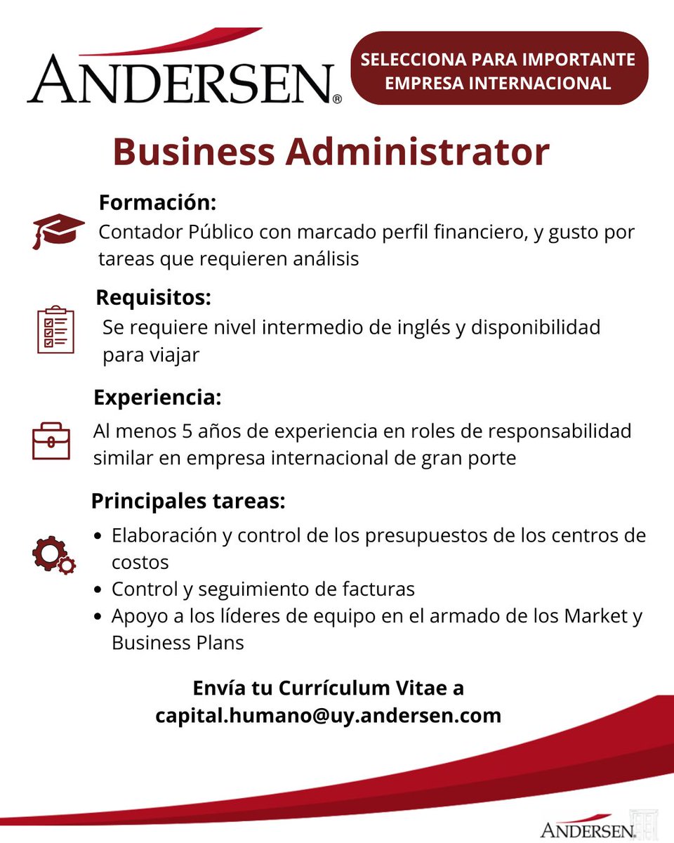 Andersen in Uruguay (@andersenuy) on Twitter photo Andersen selecciona, para una importante empresa internacional, un Contador Público 📊 con marcado perfil financiero y al menos 5 años de experiencia en roles similares, para el puesto de Business Administrator.
📩 Enviá tu CV a capital.humano@uy.andersen.com Andersen selecciona, para una importante empresa internacional, un Contador Público 📊 con marcado perfil financiero y al menos 5 años de experiencia en roles similares, para el puesto de Business Administrator.
📩 Enviá tu CV a capital.humano@uy.andersen.com
