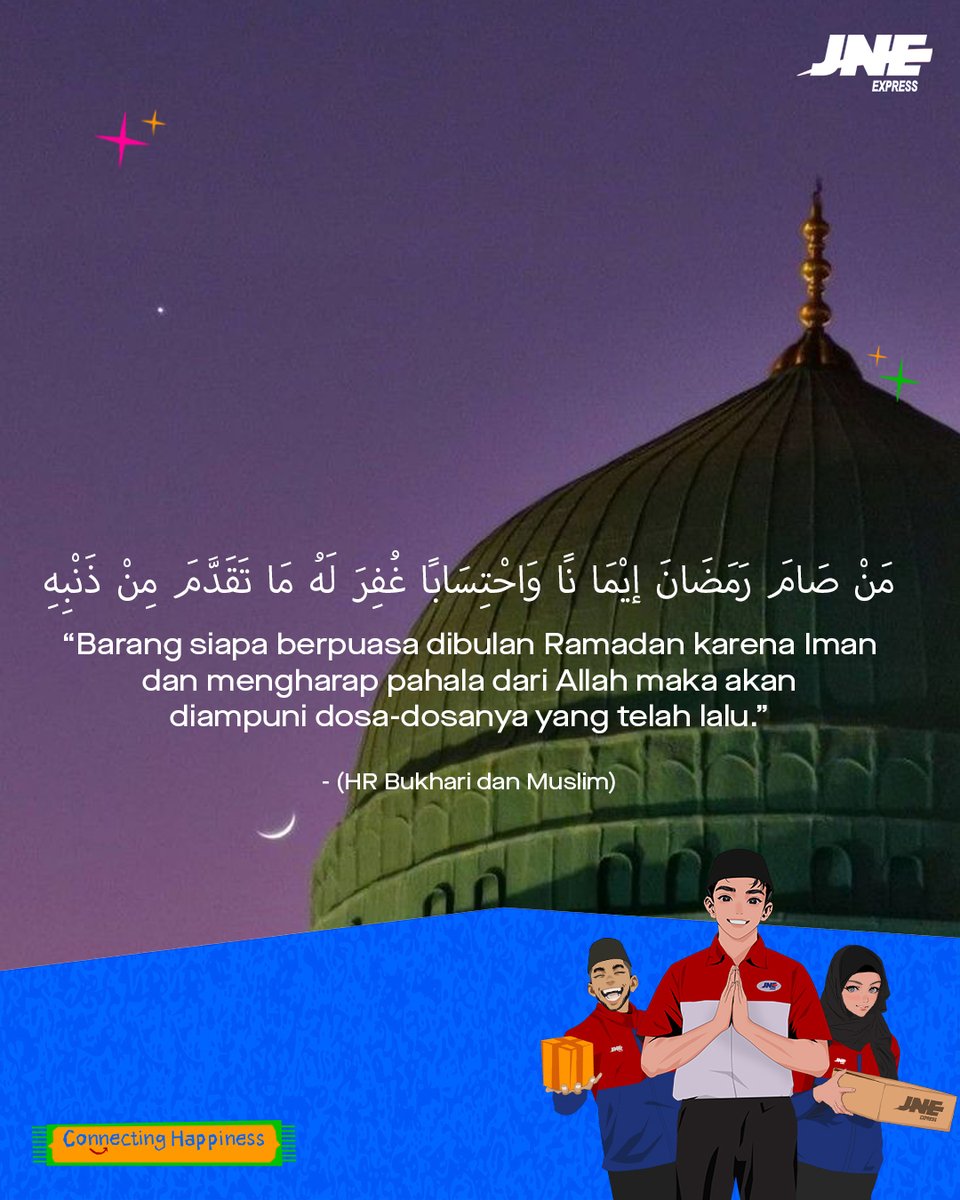 “Barang siapa berpuasa dibulan Ramadhan karena Iman dan mengharap pahala dari Allah maka akan diampuni dosa-dosanya yang telah lalu. ” - (HR Bukhari dan Muslim)

#jneid #jnepadang #ConnectingHappiness #jumatberkah #Ramadan1446H #padang #sumaterabarat