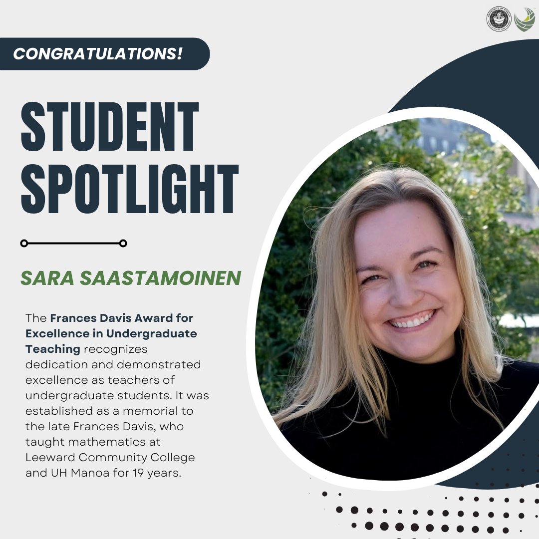 Student Spotlight: Sara Saastamoinen

Join us in celebrating Sara who has been recognized, as a graduate student, for her stellar teaching of undergraduates with the prestigious Frances Davis Award. Congratulations Sara! 👏🎊

#gobows🌈 #award #politicalscience #uhmanoa