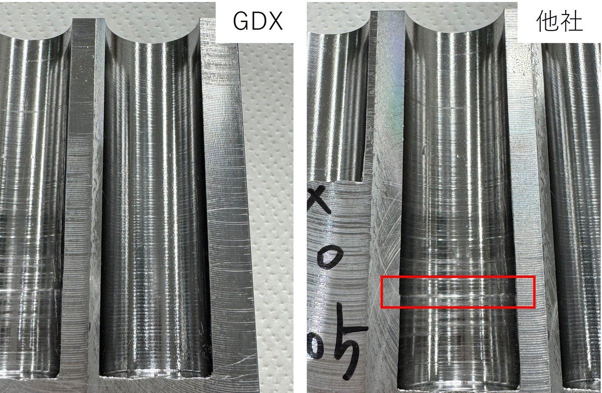 Cominix1's tweet image. 住友の新製品GDXドリルφ22でS25Cに深さ80の穴あけ。GDXは非常に安定して加工出来ました👍他社品は途中で異音が発生。割ってみると大きな段差が発生していました😳