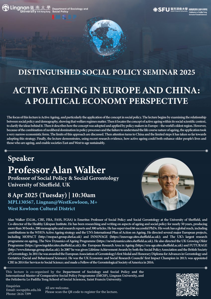How can societies age sustainably while enhancing the lives of older generations? Join us for the Distinguished Lecture to explore the intersection of social policy, demography, and the life course of ageing—highlighting lessons from Europe and emerging steps in China. 💡
