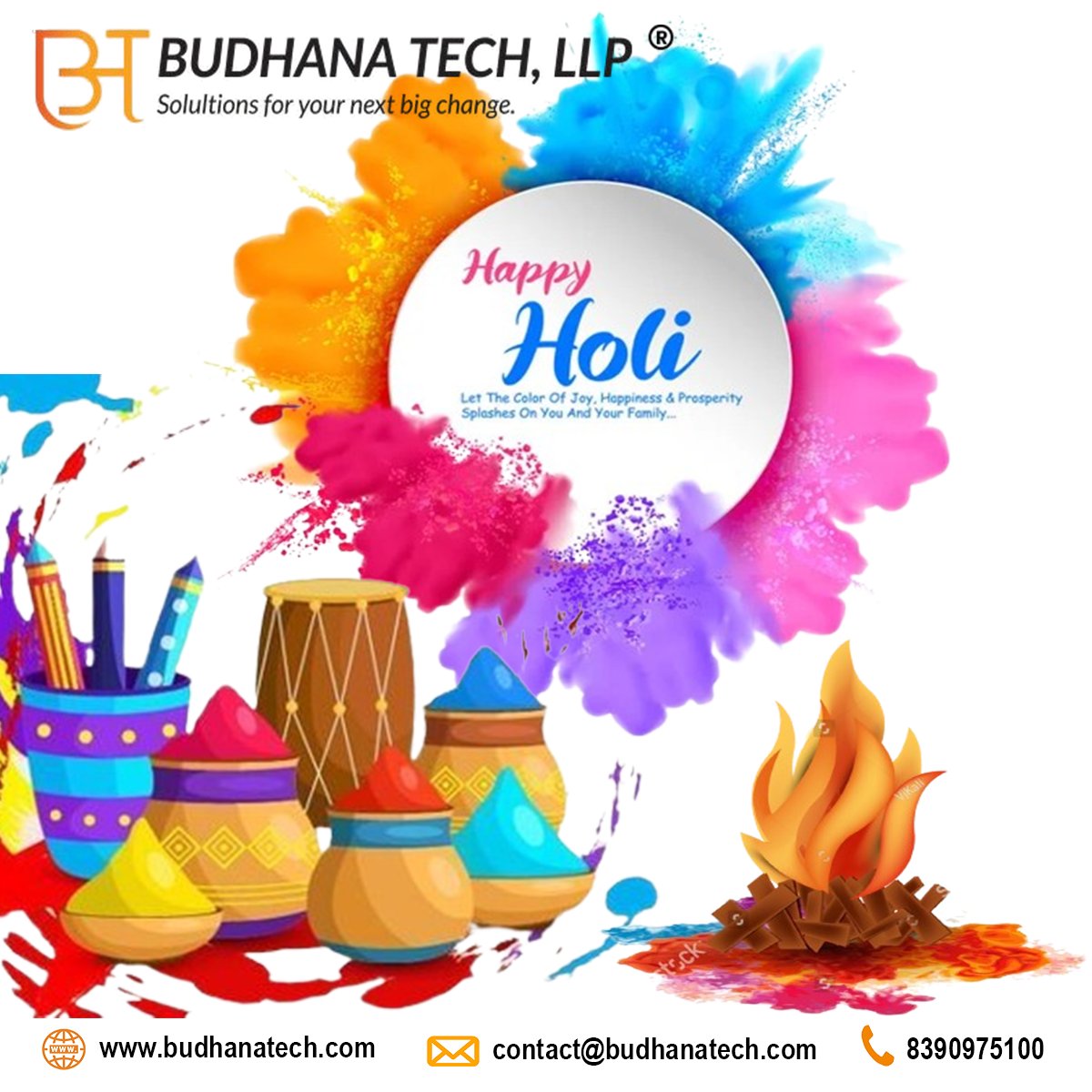 BudhanaTech's tweet image. &quot;Celebrate this Holi with vibrant colors of joy, love, and happiness. Let’s spread positivity and paint the world with kindness!&quot; 🎨✨🌸

Happy Holi! 🎉🌈

#happyholi 🌈 #festivalofcolors 🎭 #holihai 🎉 #colorfulvibes 🎨 #gulalmagic 💖 #holifestival 🌸 #celebratewithcolors