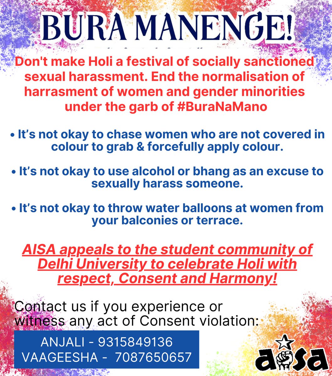 anjali__27's tweet image. Pls celebrate Holi with respect, Consent & Harmony!
Blurring Of Consent On Holi has to STOP!
BURA MANENGE!
Don't make Holi a festival of socially sanctioned sexual harassment. End the normalisation of harrasment of women & gender minorities under the garb of #BuraNaManoHoliHai