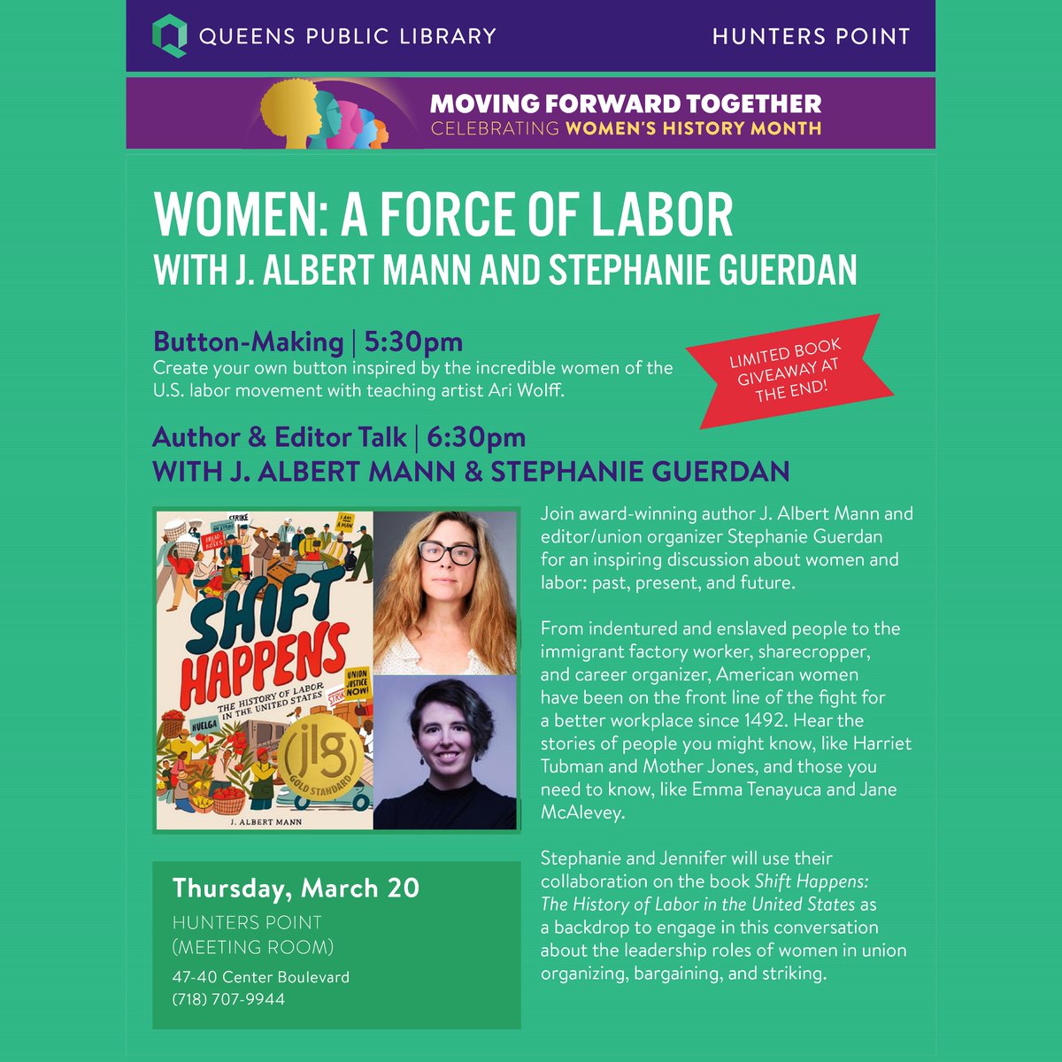 Join award-winning author <a href="/JAlbertMann/">J. Albert Mann</a> and editor/union organizer Stephanie Guerdan at Hunters Point Library on Thursday, Mar. 20 at 6:30PM for an inspiring discussion about women and labor: past, present, and future. 
queenslibrary.org/calendar/women… 
#WomensHistoryMonth