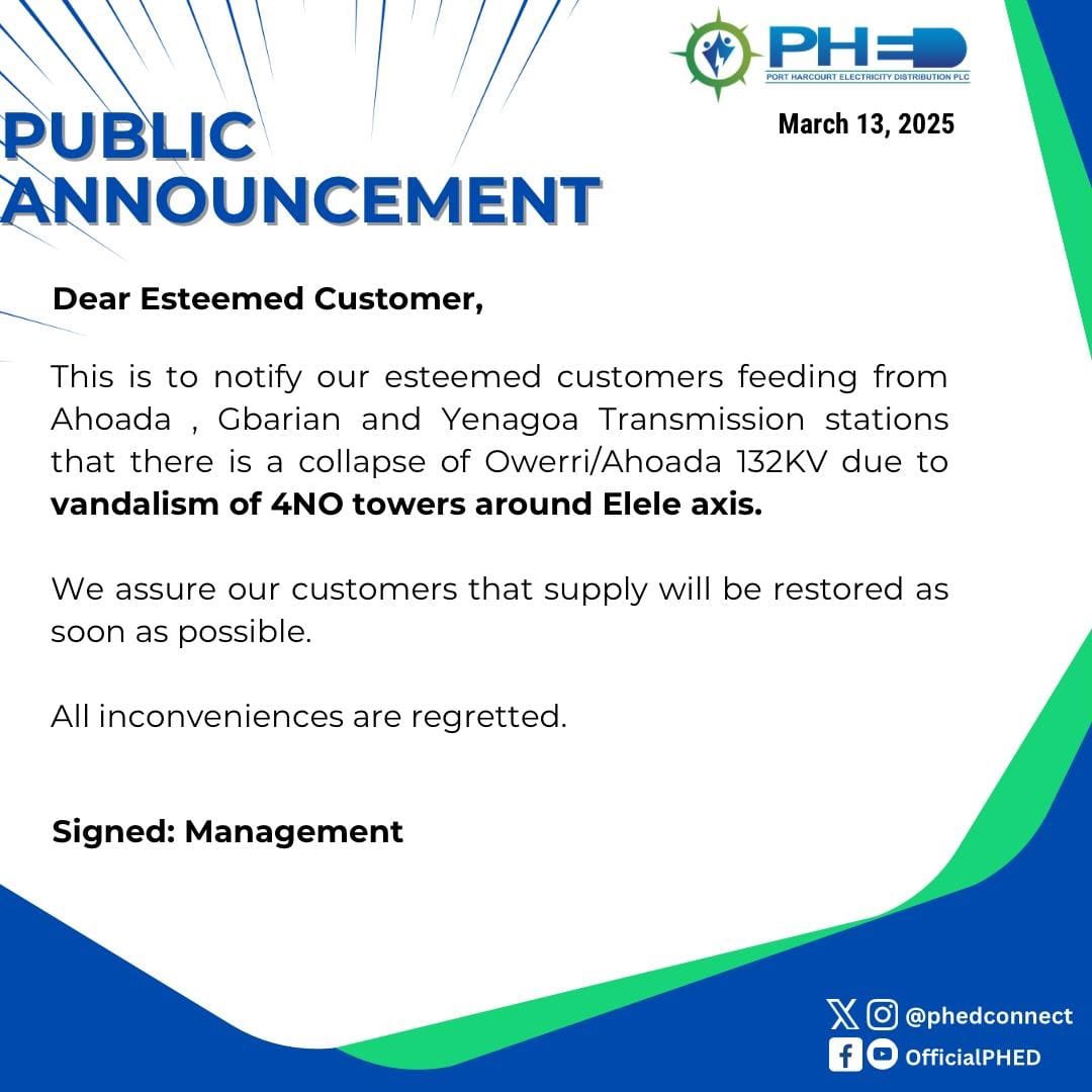 View_Bayelsa's tweet image. Breaking: Vandalism hits TCN's Oweri-Ahoada 132kV power line, cutting off electricity supply to Bayelsa State &amp;amp; parts of Rivers State. 4 key towers were damaged, plunging the area into darkness. #TCN #PowerOutage