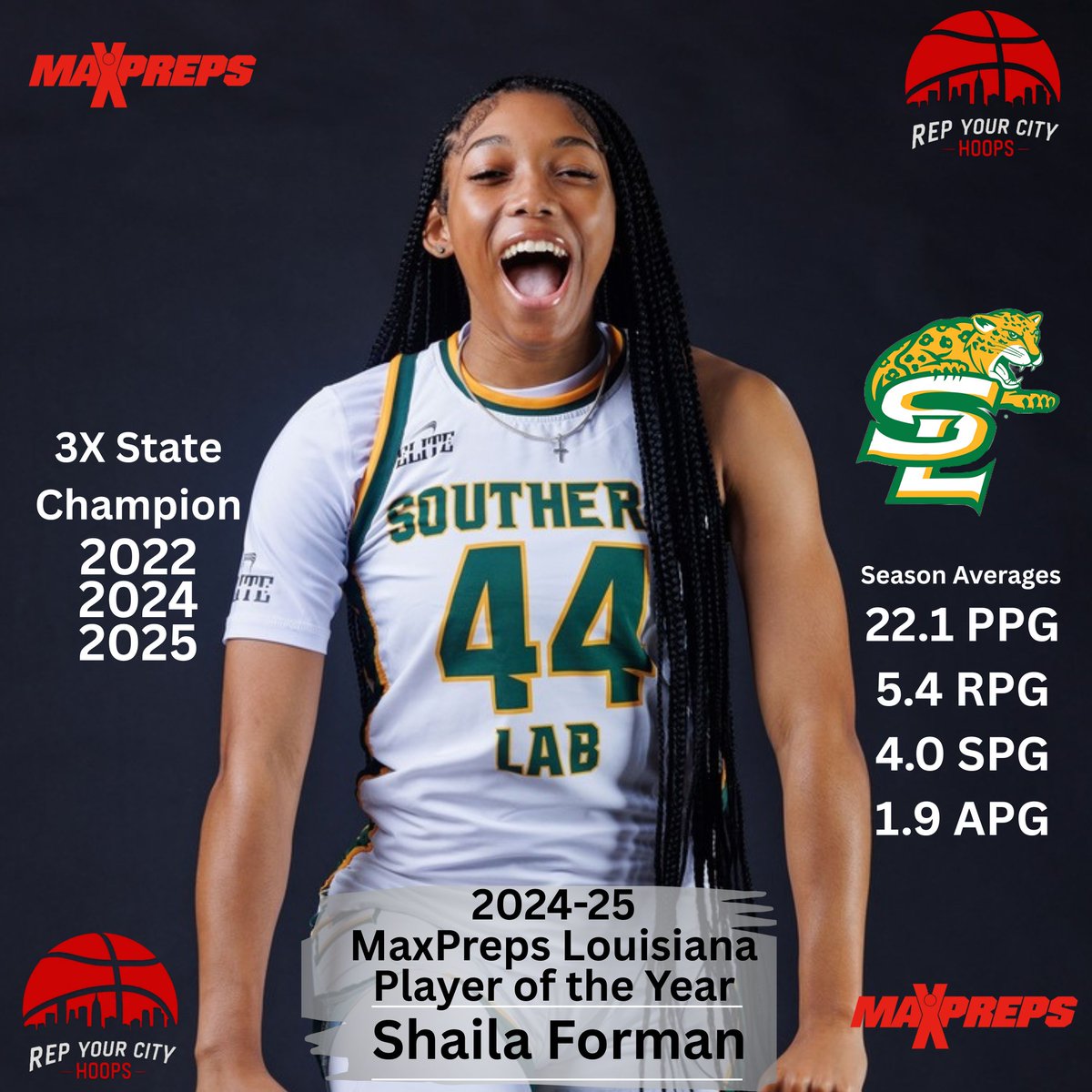 Congratulations our #1 2025 player in Louisiana, Shaila Forman on being named the 2024-2025 MaxPreps Louisiana Girls Basketball Player of the Year. Shaila, is a 3X state champion and averaged 22.1 PPG, 5.4 RPG, 4.0 SPG and 1.9 APG this past season.

Read more in our bio!