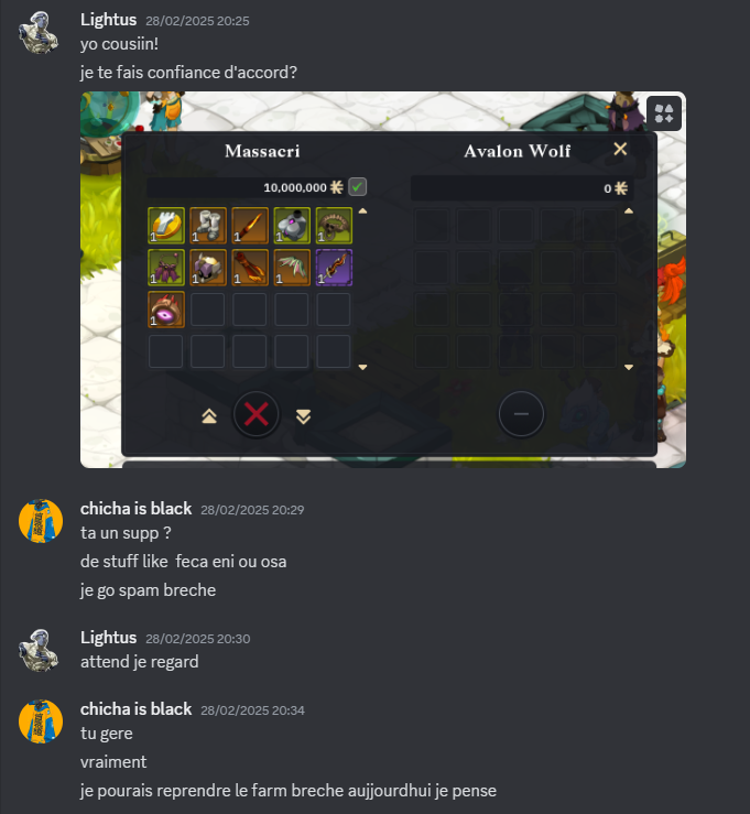 LightusBerberM's tweet photo. TLDR: Ne prêtez votre stuff ou vos kamas à personne!
 Lorsque nous entendons parler d'arnaques, nous ne pensons jamais que cela peut facilement nous arrivers sur #wakfu. Récemment, un joueur que je connaissais depuis un moment  "Chicha est de retour" m'a contacté ..(suite thread) https://t.co/OrYluYe7aV