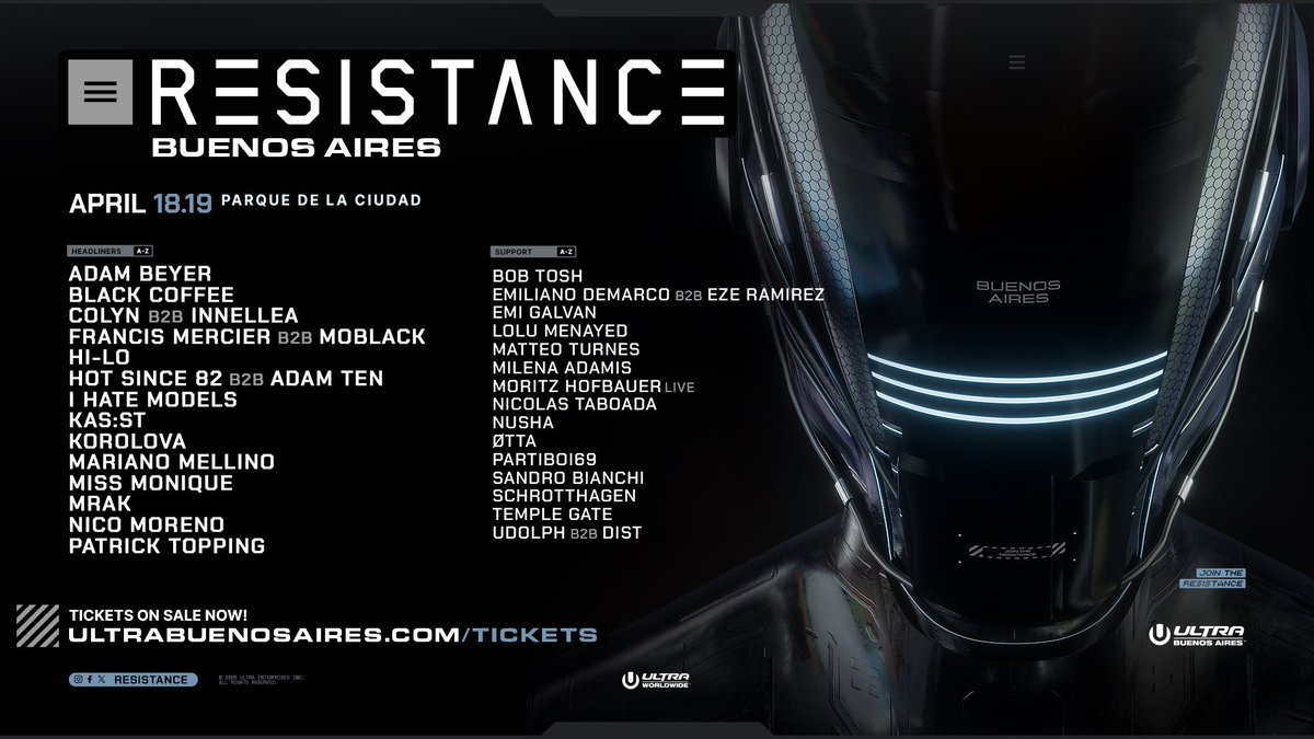 Prepárate para dejarte llevar por el ritmo: ¡Te presentamos los artistas que se presentarán en los DOS STAGES de RESISTANCE en nuestra 5ta Edición! 
 Hicimos un line-up explosivo, pensado  levarnos a otra galaxia  🚀🪐

Comprá tu entrada ahora en ultrabuenosaires.com/tickets
