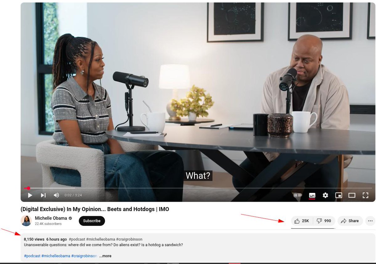 esoteric_ed's tweet photo. How does Michelle Obama's new podcast - after being ratioed yesterday - the new how have 8,000 views - which I watched roll over - and 25,000 likes LOL https://t.co/At4UJQtXfr