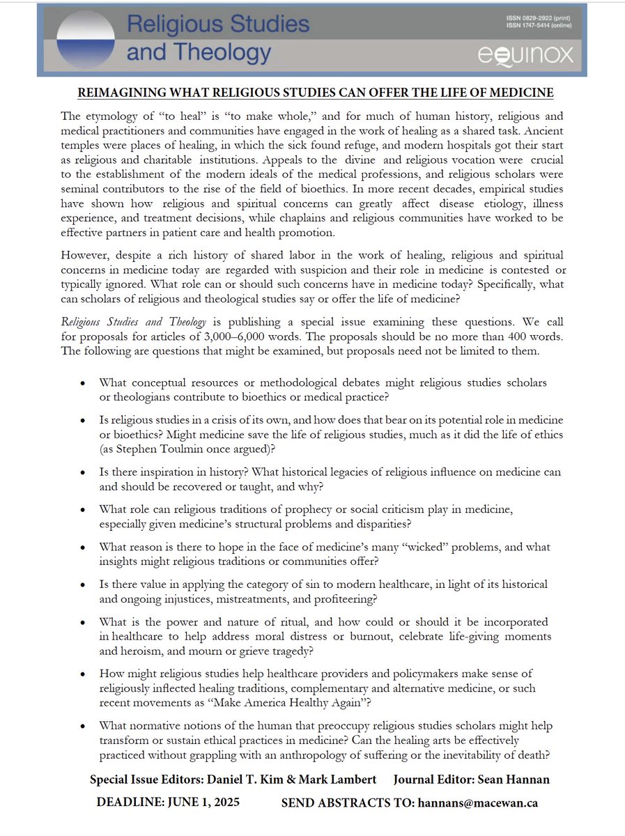 ReligiousStudiesAndTheology (@relstandtheol) on Twitter photo Our journal is pleased to announce a new Call for Papers around the theme: "Reimagining What Religious Studies Can Offer the Life of Medicine." Special Issue Editors: Daniel Kim & Mark Lambert. Please direct all submissions & inquiries to our editor, <a href="/seanmhannan/">Sean Hannan</a>. Our journal is pleased to announce a new Call for Papers around the theme: "Reimagining What Religious Studies Can Offer the Life of Medicine." Special Issue Editors: Daniel Kim & Mark Lambert. Please direct all submissions & inquiries to our editor, <a href="/seanmhannan/">Sean Hannan</a>.