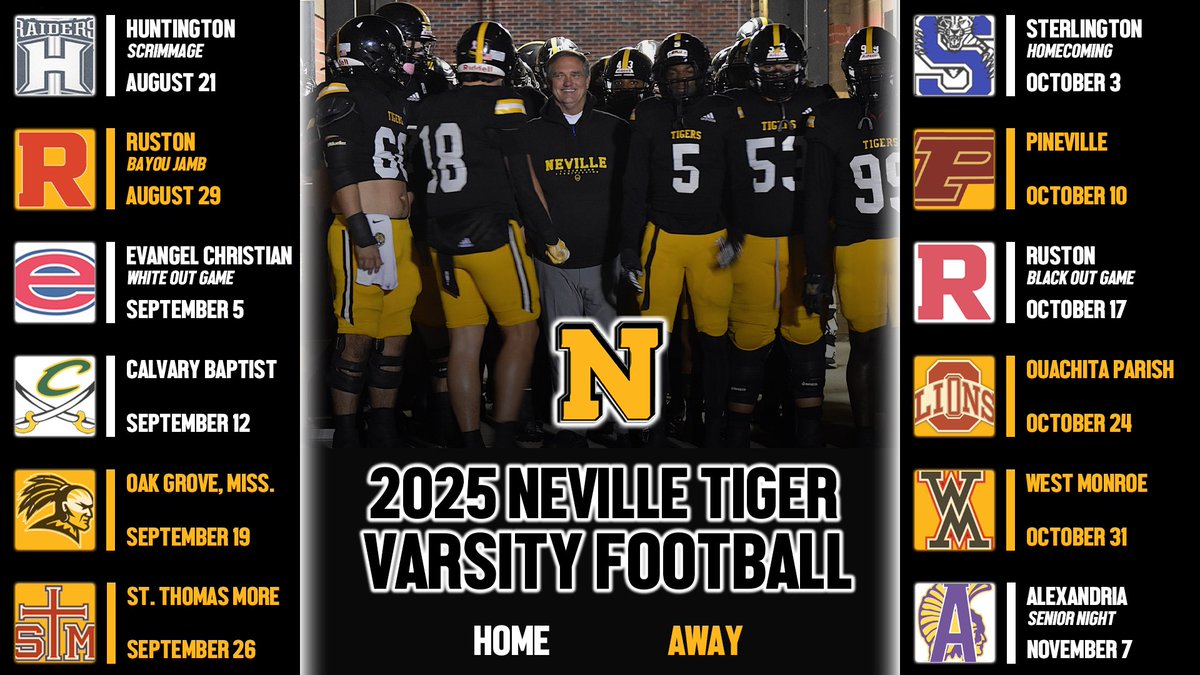 🚨 2025 Neville Varsity Football Schedule Released! 🏈

The wait is finally over! The 2025 Tigers’ football schedule is here, and it’s packed with exciting matchups!

Check out the full schedule below and mark your calendars — we can’t wait to see you in the stands!