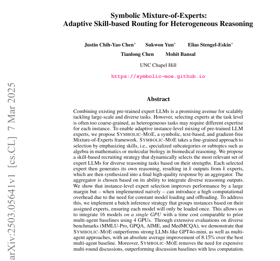 SYMBOLIC-MOE adaptively selects expert LLMs per instance using skill-based routing.

An aggregator then synthesizes outputs.

📌 Skill-based routing enables fine-grained expert selection, adapting to instance-level skill demands within tasks.

📌 Symbolic Mixture-of-Experts