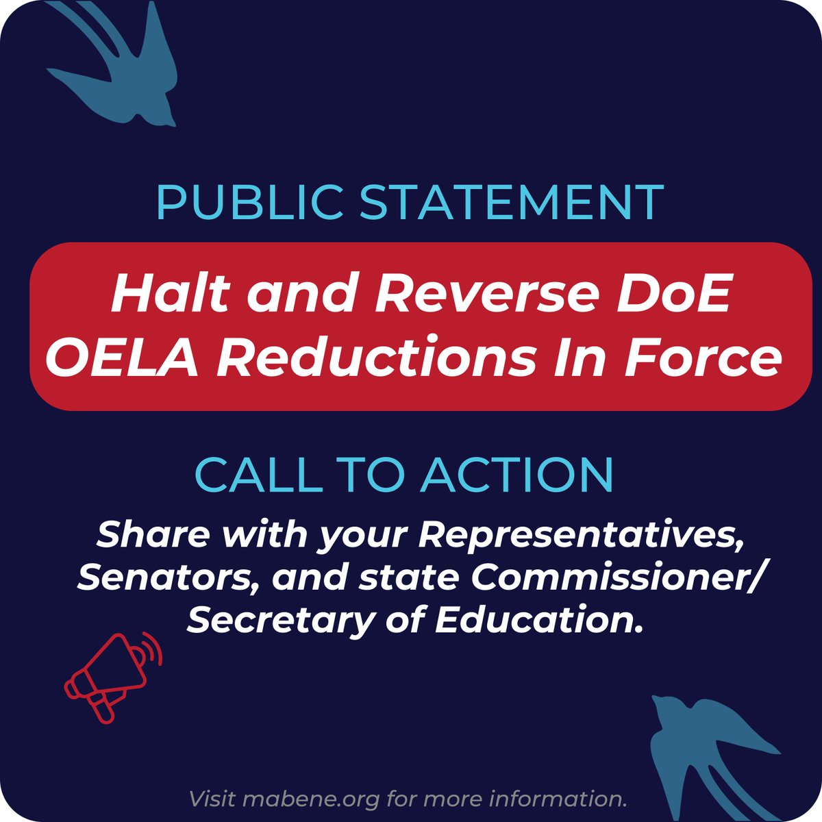 We write with deep dismay about the unwarranted and unprecedented Reductions in Force at the DoE, particularly with regard to the education of ELs. We implore you to...
Read full #publicstatement &amp; follow #calltoaction steps: mabene.org/emails/13474570
#advocacy #englishlearner