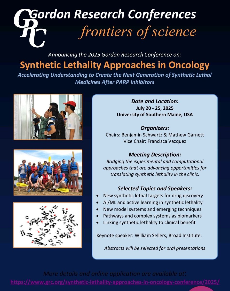Interested in Synthetic Lethality Approaches in Oncology? Join this
Gordon Research Conference in Portland, Maine, United States,  Accelerating Understanding to Create the Next Generation of Synthetic Lethal Medicines After PARP Inhibitors.
 grc.org/synthetic-leth…