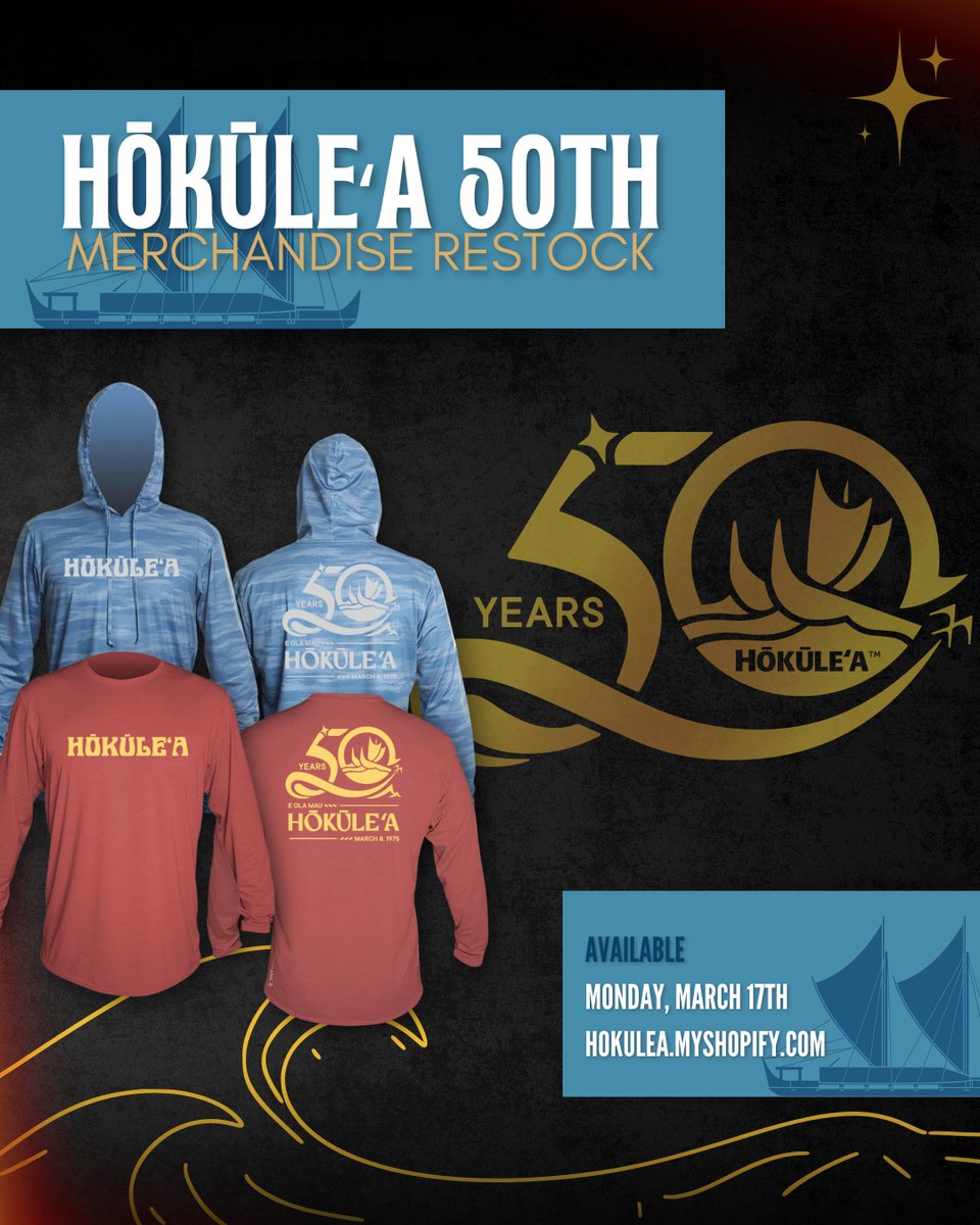 Hōkūle‘a (@hokuleacrew) on Twitter photo Hōkūleʻa's 50th Birthday merchandise has been restocked and more will be available this Friday and Monday! 🎉
For tickets to our Friday, March 14th event at <a href="/bishopmuseum/">Bishop Museum</a>
bishopmuseum.org/hokulea50th/
#Hokulea50 Hōkūleʻa's 50th Birthday merchandise has been restocked and more will be available this Friday and Monday! 🎉
For tickets to our Friday, March 14th event at <a href="/bishopmuseum/">Bishop Museum</a>
bishopmuseum.org/hokulea50th/
#Hokulea50