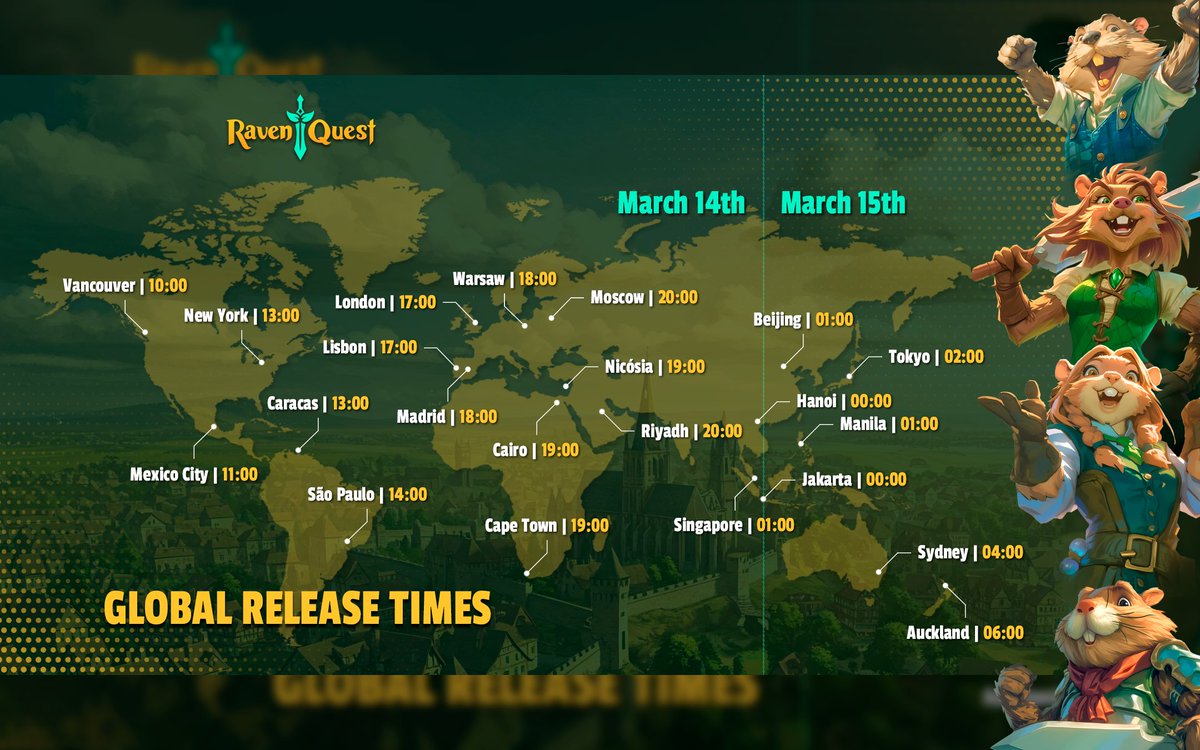 RavenQuest Global Release Time!🌍

Tomorrow, your adventure in RavenQuest begins!✨  

To help you know exactly when the server will open, we’ve prepared a world map with different time zones.  

What time does it launch in your timezone? Let us know in the comments!
