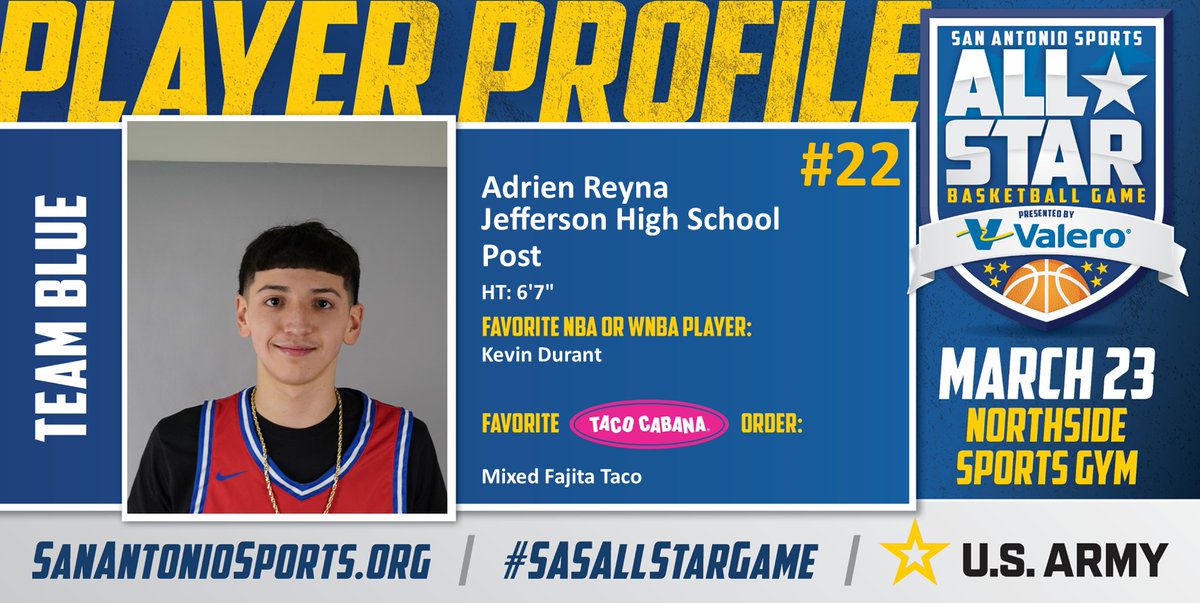 San Antonio Sports (@sa_sports) on Twitter photo Meet <a href="/reyna_adrien/">Adrien Reyna</a> from <a href="/JeffersonSAISD/">Jefferson HS, SAISD</a> who will compete in the San Antonio Sports All-Star Basketball game pres. by <a href="/ValeroEnergy/">Valero</a> at the Northside Sports Gym on March 23rd! #SASAllStarGame #BeAllYouCanBe <a href="/TacoCabana/">Taco Cabana</a> <a href="/ArmySanAntonio/">GoArmy San Antonio</a> <a href="/KDTrey5/">Kevin Durant</a>
<a href="/TJHSHOOPS/">Jefferson Basketball</a>
<a href="/SAISDAthletics/">SAISD Athletics</a> Meet <a href="/reyna_adrien/">Adrien Reyna</a> from <a href="/JeffersonSAISD/">Jefferson HS, SAISD</a> who will compete in the San Antonio Sports All-Star Basketball game pres. by <a href="/ValeroEnergy/">Valero</a> at the Northside Sports Gym on March 23rd! #SASAllStarGame #BeAllYouCanBe <a href="/TacoCabana/">Taco Cabana</a> <a href="/ArmySanAntonio/">GoArmy San Antonio</a> <a href="/KDTrey5/">Kevin Durant</a>
<a href="/TJHSHOOPS/">Jefferson Basketball</a>
<a href="/SAISDAthletics/">SAISD Athletics</a>