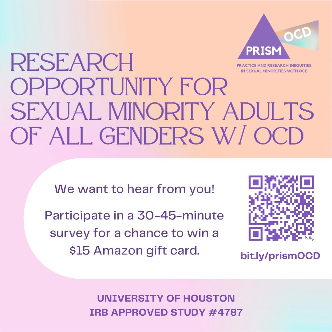 Are you a sexual minority (including people of all genders who ID as lesbian, asexual, pansexual, queer, gay, bi, etc.) w/ #OCD living in the U.S.? You may be eligible to participate in a research survey about your experiences! 🌈🧠✨
 
See for more info: bit.ly/prismOCD