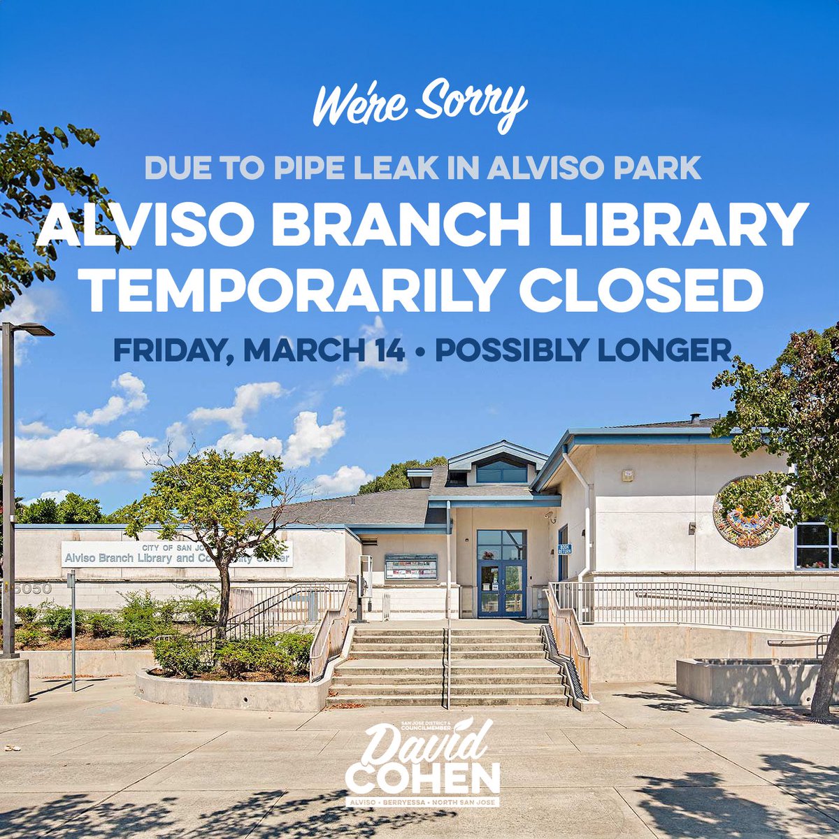 D4SanJose's tweet image. Due to a pipe leak in Alviso Park, the Alviso Branch Library is temporarily closed. We appreciate your patience as crews work to resolve the issue. Updates will be provided as the situation changes. Stay tuned for more information.