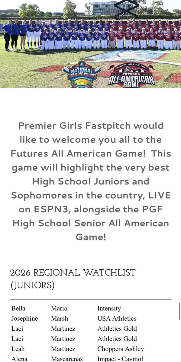 Bella Maria (@bellamaria2026) on Twitter photo Honored & Blessed to be on the <a href="/PGFnetwork/">PGF</a> 2025 Watchlist. Congrats to all my Teammates & to each and every gifted athlete that has also been recognized. <a href="/Intensity18uBOD/">Intensity 18u BOD Premier</a> <a href="/LineDsoftball/">Line Drive Media</a> <a href="/ExtraInningSB/">EXTRA INNING SOFTBALL</a> <a href="/SoftbalAmerica/">Softball America</a> <a href="/LegacyLegendsS1/">Legacy & Legends Softball</a> <a href="/Donovansoftbal1/">Donovan Catholic Softball</a> <a href="/AuburnSoftball/">Auburn Softball</a> Honored & Blessed to be on the <a href="/PGFnetwork/">PGF</a> 2025 Watchlist. Congrats to all my Teammates & to each and every gifted athlete that has also been recognized. <a href="/Intensity18uBOD/">Intensity 18u BOD Premier</a> <a href="/LineDsoftball/">Line Drive Media</a> <a href="/ExtraInningSB/">EXTRA INNING SOFTBALL</a> <a href="/SoftbalAmerica/">Softball America</a> <a href="/LegacyLegendsS1/">Legacy & Legends Softball</a> <a href="/Donovansoftbal1/">Donovan Catholic Softball</a> <a href="/AuburnSoftball/">Auburn Softball</a>