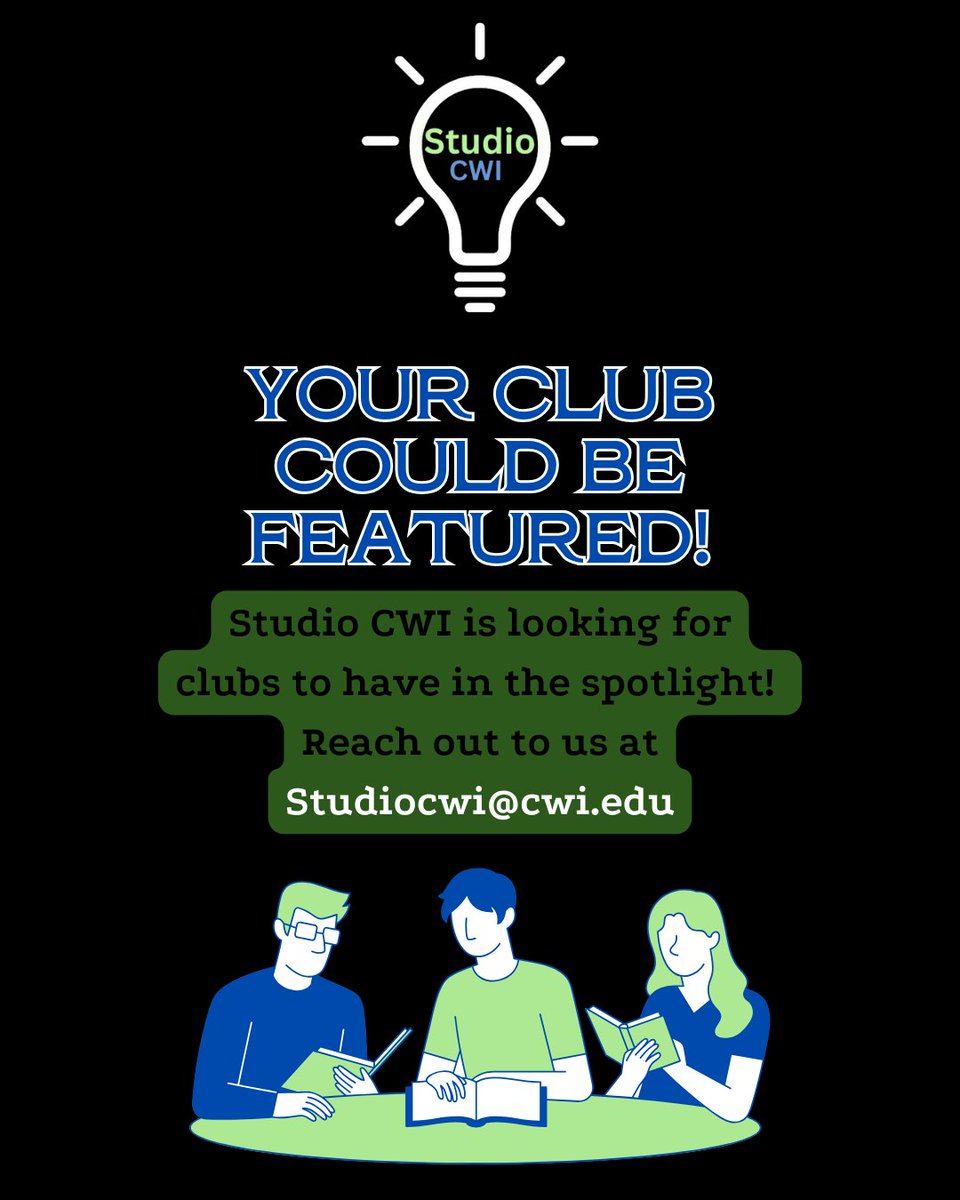 Attention all clubs!  Want to be in the spotlight?  Studio CWI is looking for clubs to feature! Don’t miss this chance to showcase what makes your club amazing. 

 Reach out to us at Studiocwi@cwi.edu! #ClubSpotlight #StudioCWI #GetFeatured