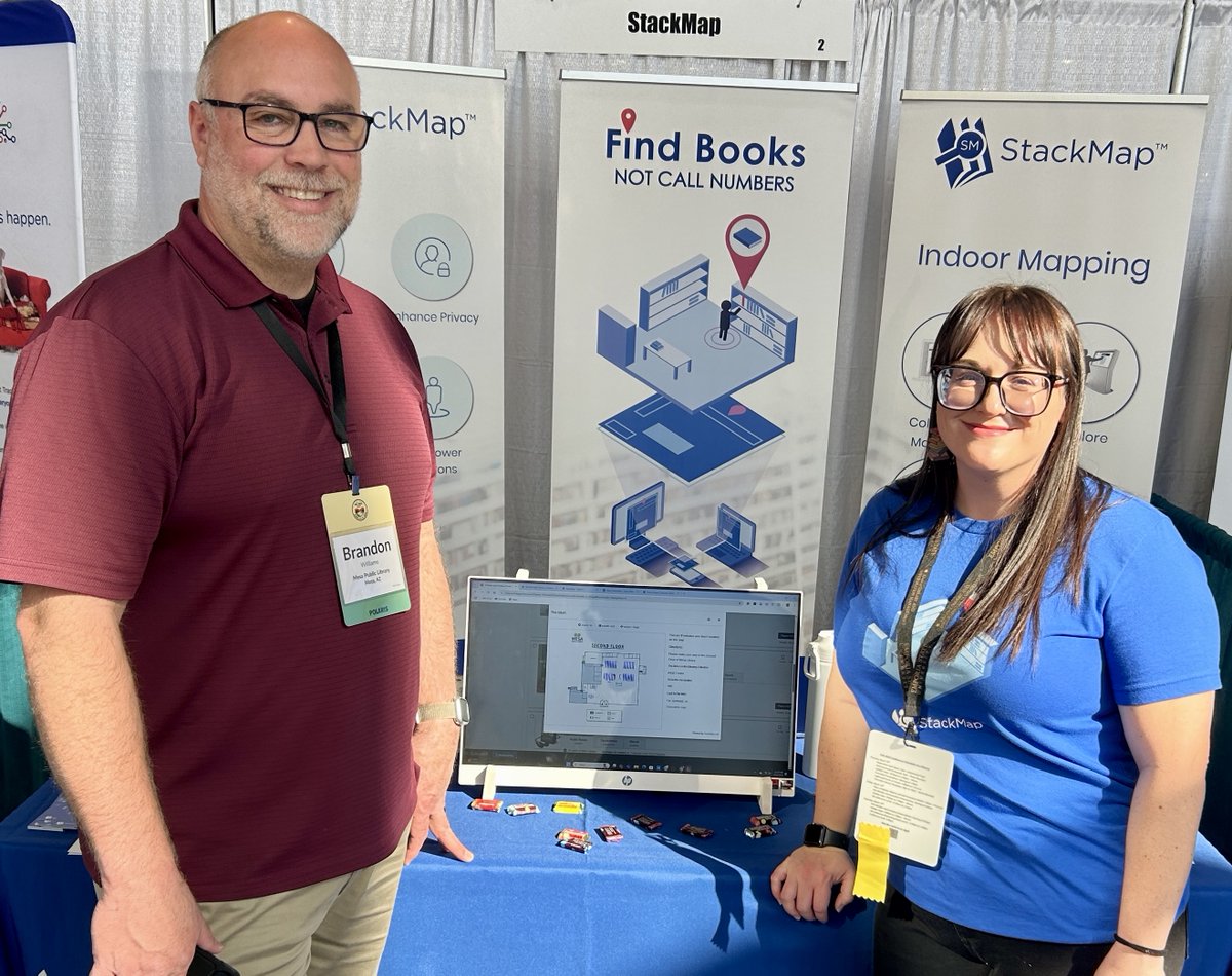StackMap's tweet image. Day 2 at #IUG2025! 🎉 We loved catching up with Brandon Williams from @MesaLibrary as he shared how StackMap’s full suite has been a game-changer for their library! 📚✨ #WayfindingMadeEasy #FindBooksNotCallNumbers