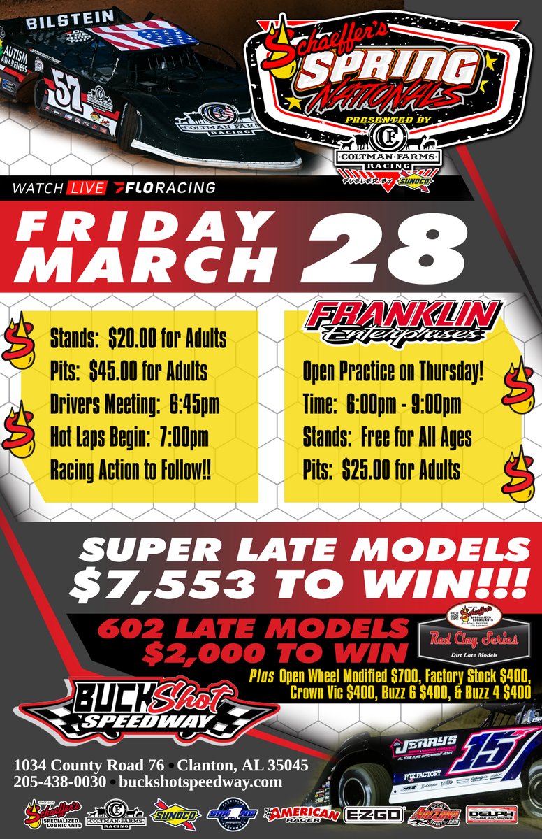 Southern Nationals Series (@sonationals) on Twitter photo Our next <a href="/SchaefferOil/">Schaeffer Oil</a> #SpringNationals contest will take place on Friday, March 28 at Buckshot Speedway! The visit will be our 3rd trip to Buckshot, as Joseph Joiner ('23) & Ashton Winger ('24) are previous winners. Thanks to Franklin Enterprises, who is the title event sponsor! Our next <a href="/SchaefferOil/">Schaeffer Oil</a> #SpringNationals contest will take place on Friday, March 28 at Buckshot Speedway! The visit will be our 3rd trip to Buckshot, as Joseph Joiner ('23) & Ashton Winger ('24) are previous winners. Thanks to Franklin Enterprises, who is the title event sponsor!
