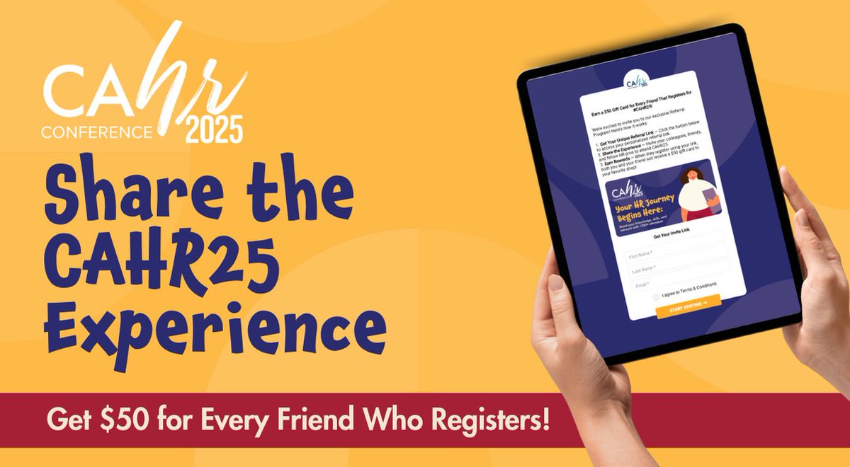 👥 Earn Rewards – Even If You Can’t Attend #CAHR25! 🎉 Invite your HR friends to register and earn $50 for each referral — and they get $50 too! Earn up to $550! 💸

📅 Offer ends May 6 — sign up and start sharing today! 🚀 👉cahr25.referral-factory.com/c1vxnsMJ
