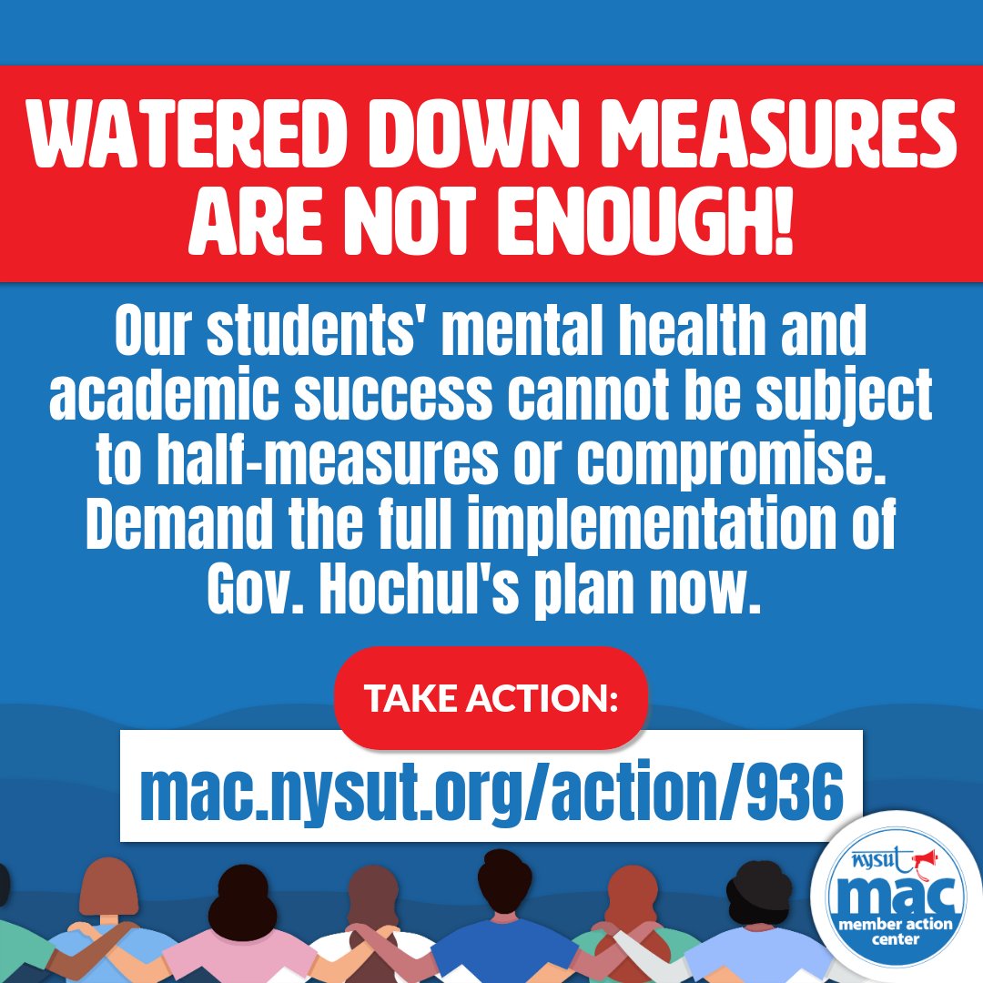 We need statewide bell-to-bell cell phone restrictions in our schools and the good news is: <a href="/GovKathyHochul/">Governor Kathy Hochul</a> is ready to act. Research has proven that smartphones disrupt students' learning and hurt their mental health. 
Join the fight and take action now: mac.nysut.org/action/936
