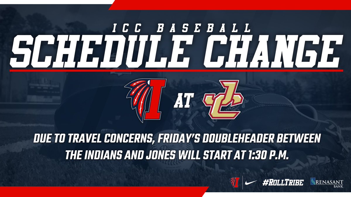 ICC Athletics (@letsgoicc) on Twitter photo #ICCBSB SCHEDULE CHANGE: Due to travel concerns, Friday’s doubleheader between <a href="/LetsGoICC_BSB/">ICC Baseball</a> and Jones will start at 1:30 p.m. #RollTribe #ICCBSB SCHEDULE CHANGE: Due to travel concerns, Friday’s doubleheader between <a href="/LetsGoICC_BSB/">ICC Baseball</a> and Jones will start at 1:30 p.m. #RollTribe