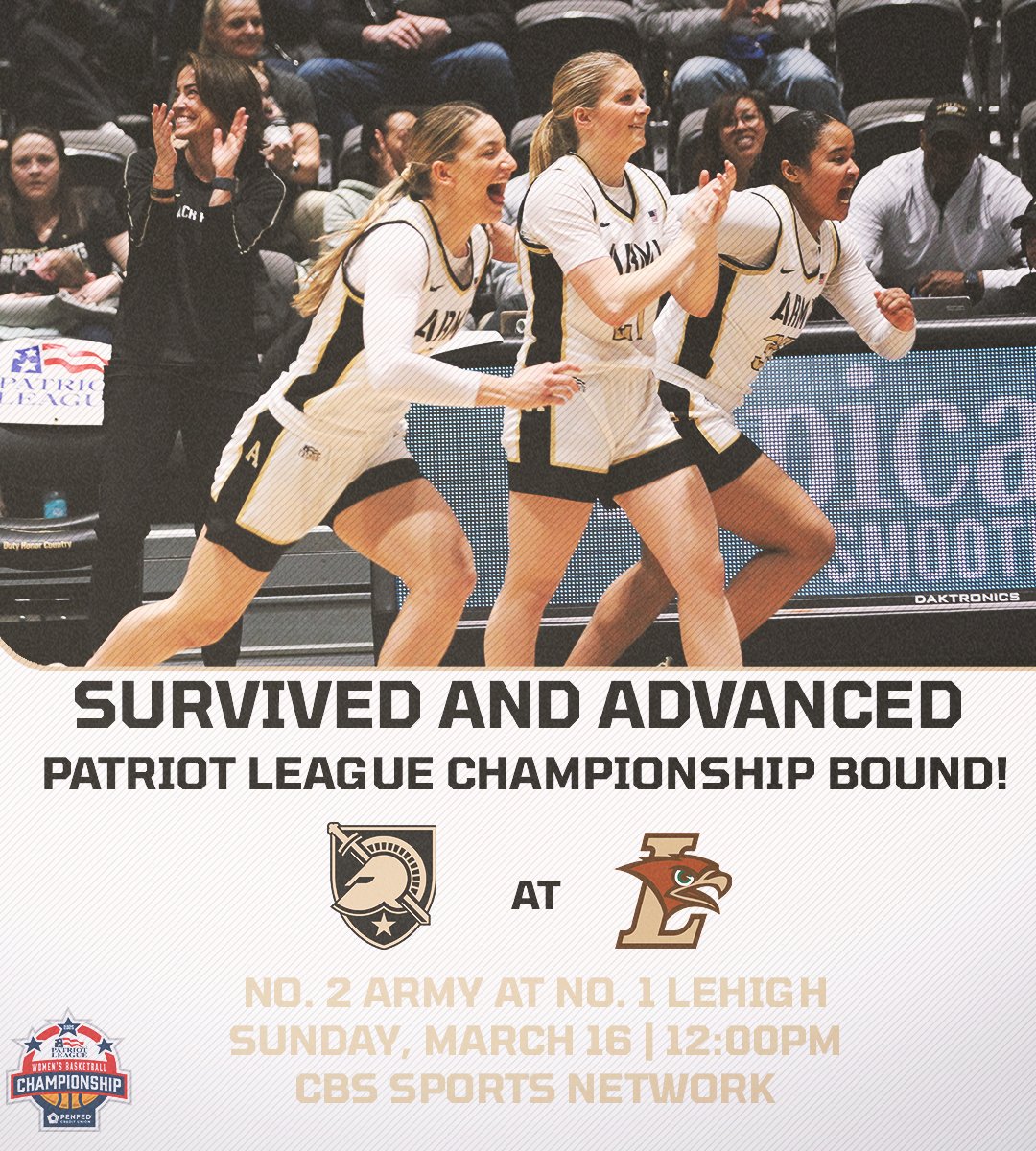 Army Women's Basketball (@armywp_wbb) on Twitter photo The title game is set on the road.
No. 1 vs. No. 2
All eyes on the prize 🏆
tra
📺: <a href="/CBSSportsNet/">CBS Sports Network</a> The title game is set on the road.
No. 1 vs. No. 2
All eyes on the prize 🏆
tra
📺: <a href="/CBSSportsNet/">CBS Sports Network</a>