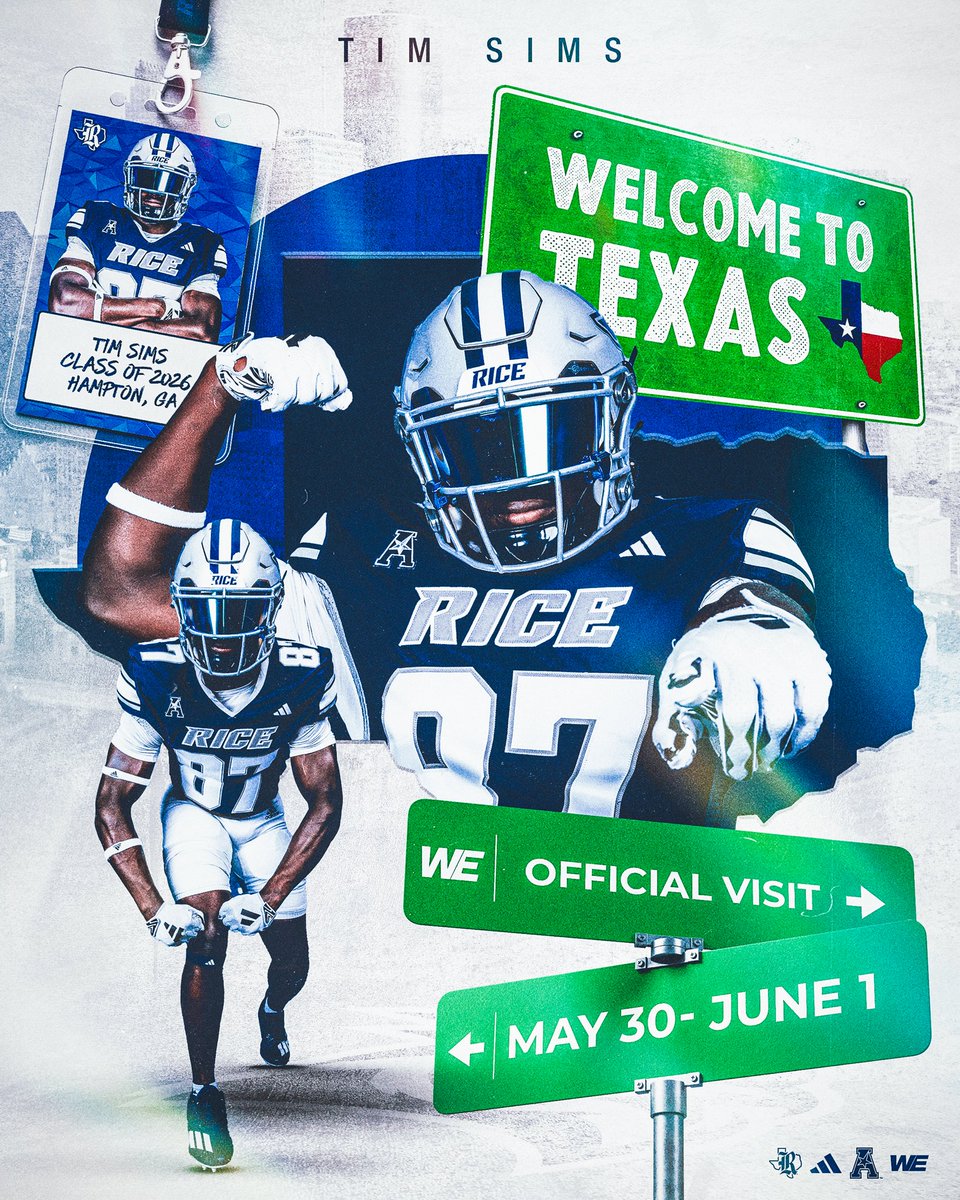 Tim Sims (@timsimsfb) on Twitter photo I have an Official Visit set May 30-June 1 at Rice University <a href="/JoyWildcats/">Lovejoy High School (GA) Football</a> <a href="/CoachECarson/">Coach Carson</a> <a href="/RiceFootball/">Rice Football</a>
<a href="/Scott_AbellFB/">Scott Abell</a>
<a href="/CoachKay713/">Jon Kay</a>
<a href="/CoachModkins/">Jeremy Modkins</a>
<a href="/CoachTyWarren/">Coach “Ty” Warren</a>
<a href="/CoachKerryCooks/">Kerry Cooks</a>
<a href="/CoachTSauer/">Taylor Sauer</a>
<a href="/Coach_Hogs/">Mark Hogan</a>
<a href="/Coach_McIntire/">Justin McIntire</a>
<a href="/coachmcase/">Michael Case</a>
<a href="/CoachBernard_/">Kyle Bernard</a>
@lavel_d5 I have an Official Visit set May 30-June 1 at Rice University <a href="/JoyWildcats/">Lovejoy High School (GA) Football</a> <a href="/CoachECarson/">Coach Carson</a> <a href="/RiceFootball/">Rice Football</a>
<a href="/Scott_AbellFB/">Scott Abell</a>
<a href="/CoachKay713/">Jon Kay</a>
<a href="/CoachModkins/">Jeremy Modkins</a>
<a href="/CoachTyWarren/">Coach “Ty” Warren</a>
<a href="/CoachKerryCooks/">Kerry Cooks</a>
<a href="/CoachTSauer/">Taylor Sauer</a>
<a href="/Coach_Hogs/">Mark Hogan</a>
<a href="/Coach_McIntire/">Justin McIntire</a>
<a href="/coachmcase/">Michael Case</a>
<a href="/CoachBernard_/">Kyle Bernard</a>
@lavel_d5