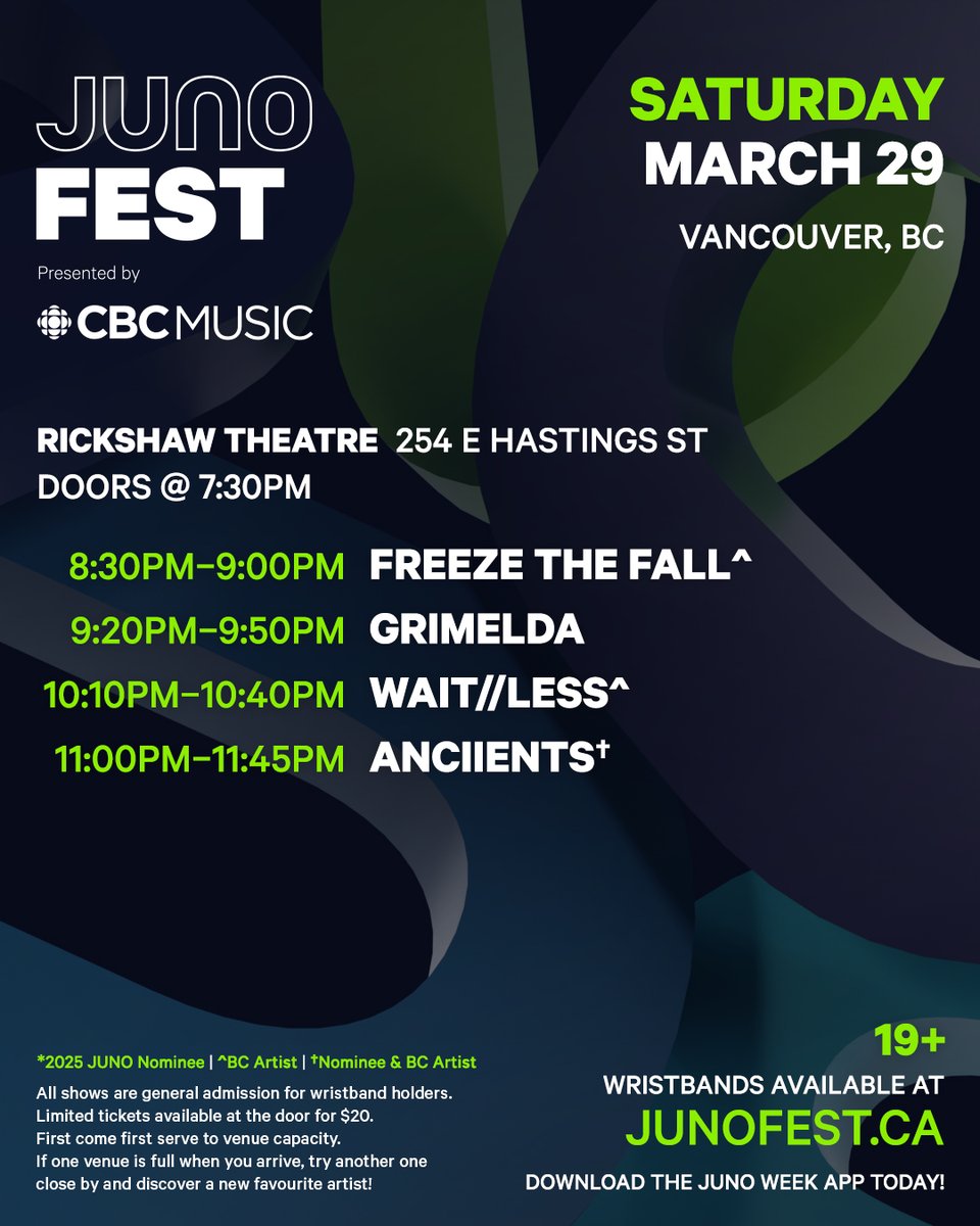 Rickshaw Theatre (@rickshawtheatre) on Twitter photo JUNOFest Weekend lineup is now up!
March 28:
<a href="/yukonblonde/">Yukon Blonde</a> , <a href="/bldiamondmusic/">Blonde Diamond</a> , <a href="/FoldPaperMusic/">Fold Paper</a> , PISS and Post-Modern Connection
March 29th:
<a href="/ANCIIENTS/">ANCIIENTS</a> , WAIT//LIST, Grimelda, Freeze The Fall
TIX: bit.ly/41zxhrM
Presented by: JUNOS and <a href="/CBCMusic/">CBC Music</a> JUNOFest Weekend lineup is now up!
March 28:
<a href="/yukonblonde/">Yukon Blonde</a> , <a href="/bldiamondmusic/">Blonde Diamond</a> , <a href="/FoldPaperMusic/">Fold Paper</a> , PISS and Post-Modern Connection
March 29th:
<a href="/ANCIIENTS/">ANCIIENTS</a> , WAIT//LIST, Grimelda, Freeze The Fall
TIX: bit.ly/41zxhrM
Presented by: JUNOS and <a href="/CBCMusic/">CBC Music</a>