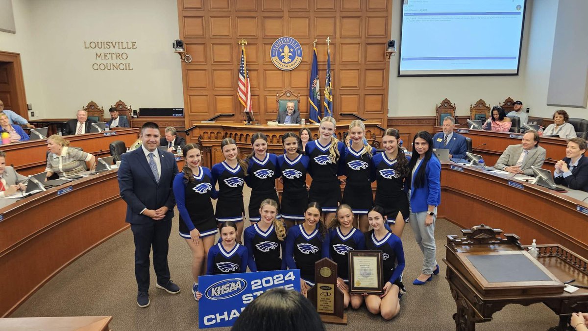 athleticsEHS's tweet image. One more recognition for our State Champion Cheerleader tonight a the Louisville Metro Council Meeting. Thank you to our Councilman Piagentini for making this happen. #FlyEastern
