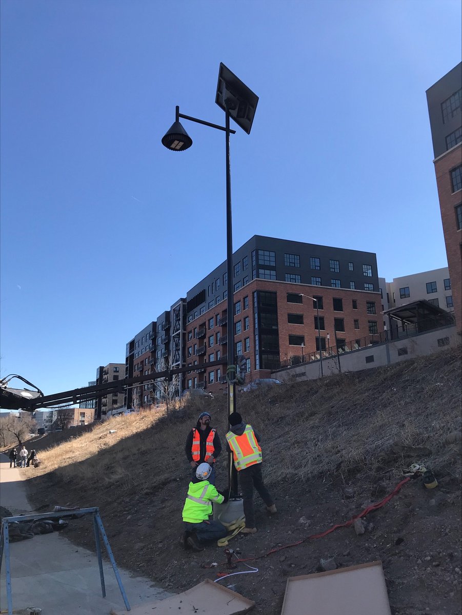 New solar lighting installed on Denver's South Platte River Trail (29th-38th)! 5 lights, 1-week installation, partially funded by @smartwool &amp; @altrarunning. First solar lights on Denver trails! #SustainableTrails