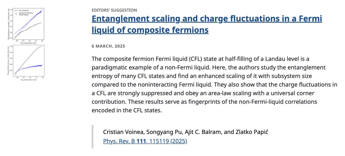 Physical Review B (@physrevb) on Twitter photo PRB Editors' Suggestion: #Entanglement scaling and #charge fluctuations in a #FermiLiquid of composite #fermions
C. Voinea et al.,
PRB 111, 115119
➡️ go.aps.org/4klT3a1
#OpenAccess #EdSugg @APSPhysics #condmat #physics <a href="/unCristiVoinea/">Cristian Voinea</a> <a href="/theoryleeds/">Quantum Many-Body Physics @ Leeds</a> <a href="/cbajit/">Ajit C Balram</a> <a href="/IMScChennai/">The Institute of Mathematical Sciences</a> PRB Editors' Suggestion: #Entanglement scaling and #charge fluctuations in a #FermiLiquid of composite #fermions
C. Voinea et al.,
PRB 111, 115119
➡️ go.aps.org/4klT3a1
#OpenAccess #EdSugg @APSPhysics #condmat #physics <a href="/unCristiVoinea/">Cristian Voinea</a> <a href="/theoryleeds/">Quantum Many-Body Physics @ Leeds</a> <a href="/cbajit/">Ajit C Balram</a> <a href="/IMScChennai/">The Institute of Mathematical Sciences</a>