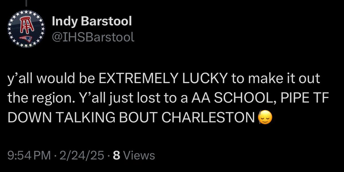 Shady Spring Barstool (@sshsbarstool) on Twitter photo This one bit ya in the ass real good <a href="/IHSBarstool/">Indy Barstool</a> that should never ever be said from a first round exit. stupid mother fuckers. PIPE TF DOWN. CATCH US IN CHARLESTON. This one bit ya in the ass real good <a href="/IHSBarstool/">Indy Barstool</a> that should never ever be said from a first round exit. stupid mother fuckers. PIPE TF DOWN. CATCH US IN CHARLESTON.