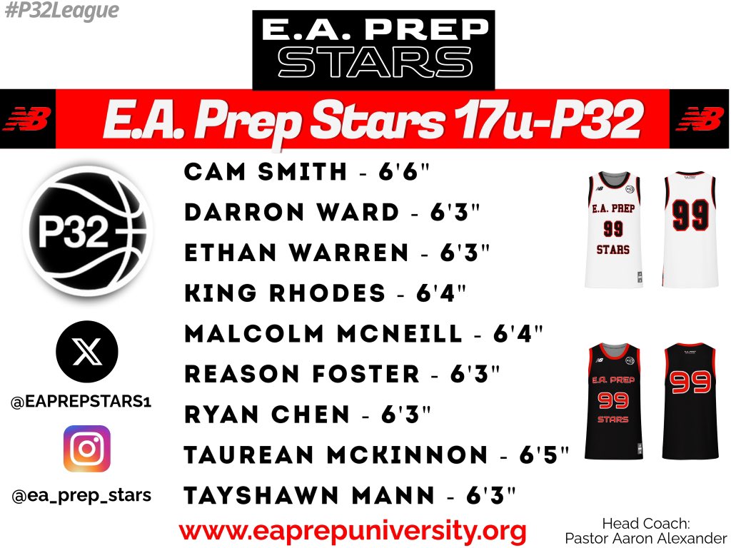 E.A. PREP STARS (Educated Athletes) (@eaprepstars1) on Twitter photo Breaking News!!!!! Here are our Official P32 17U 2026 Rosters it’s go time!!!!! Led by <a href="/MrEAPrepStar/">Pastor Aaron Alexander</a> <a href="/p32league/">P32 League</a> <a href="/8Ballahoopinsi1/">8Ballahoopinsider</a> <a href="/BigShotsGlobal/">BIG SH🏀TS</a> <a href="/MyLineOfChamps/">Independent Hoops</a> <a href="/DarronWard2/">Darron Ward</a> <a href="/MalcolmMcNeill_/">Malcolm McNeill</a> <a href="/ryanchen21_/">Ryan Chen</a> <a href="/TayShawn_Mann/">TayShawn Mann</a> <a href="/Taurean_21/">Taurean Mckinnon</a> <a href="/Showtime__king/">King Rhodes</a> <a href="/ethan_warren14/">Ethan Warren</a> Breaking News!!!!! Here are our Official P32 17U 2026 Rosters it’s go time!!!!! Led by <a href="/MrEAPrepStar/">Pastor Aaron Alexander</a> <a href="/p32league/">P32 League</a> <a href="/8Ballahoopinsi1/">8Ballahoopinsider</a> <a href="/BigShotsGlobal/">BIG SH🏀TS</a> <a href="/MyLineOfChamps/">Independent Hoops</a> <a href="/DarronWard2/">Darron Ward</a> <a href="/MalcolmMcNeill_/">Malcolm McNeill</a> <a href="/ryanchen21_/">Ryan Chen</a> <a href="/TayShawn_Mann/">TayShawn Mann</a> <a href="/Taurean_21/">Taurean Mckinnon</a> <a href="/Showtime__king/">King Rhodes</a> <a href="/ethan_warren14/">Ethan Warren</a>