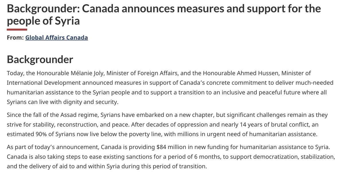Yesterday, Canada said it will give $84M to Syria for humanitarian assistance to support a transition to an inclusive and peaceful future.  

Today, Syria's interim President signed a temporary constitution that locks in the rule of the Islamist former insurgent group HTS for 5